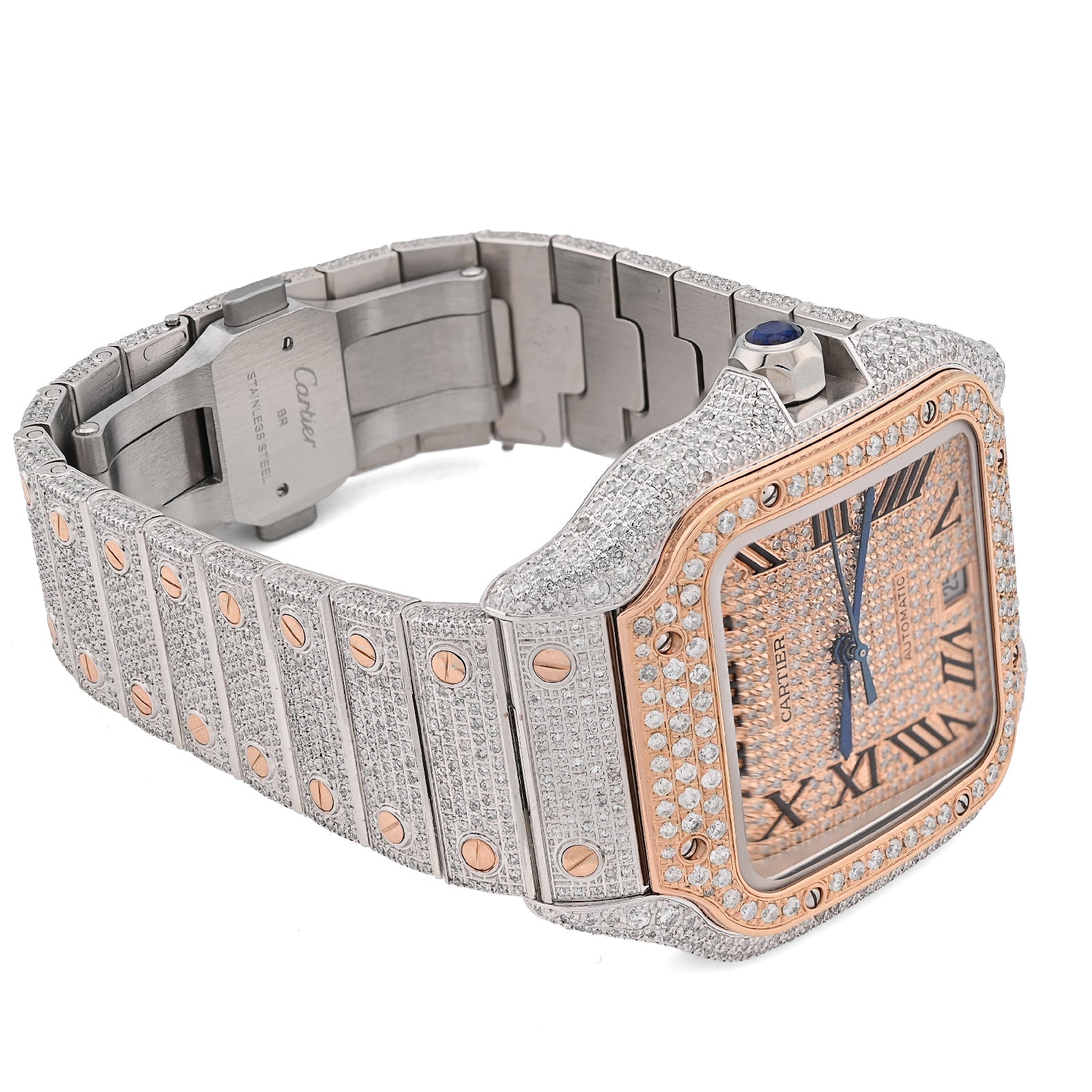 Cartier Santos 40MM 13CT Natural Diamond Rose Bezel 2 Tone Bussdown Watch - Elite Jewelers - Luxury Watch
