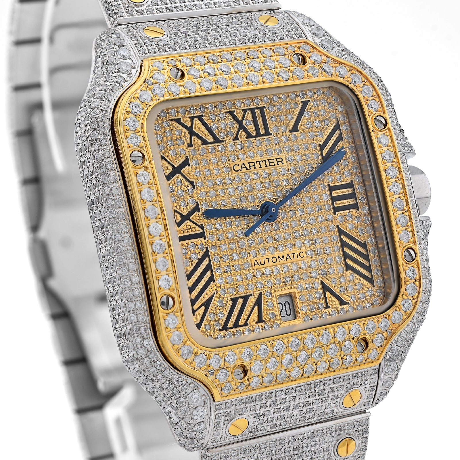 Cartier Santos 40MM 13CT Natural Diamond Yellow Bezel 2 Tone Bussdown Watch - Elite Jewelers - Luxury Watch