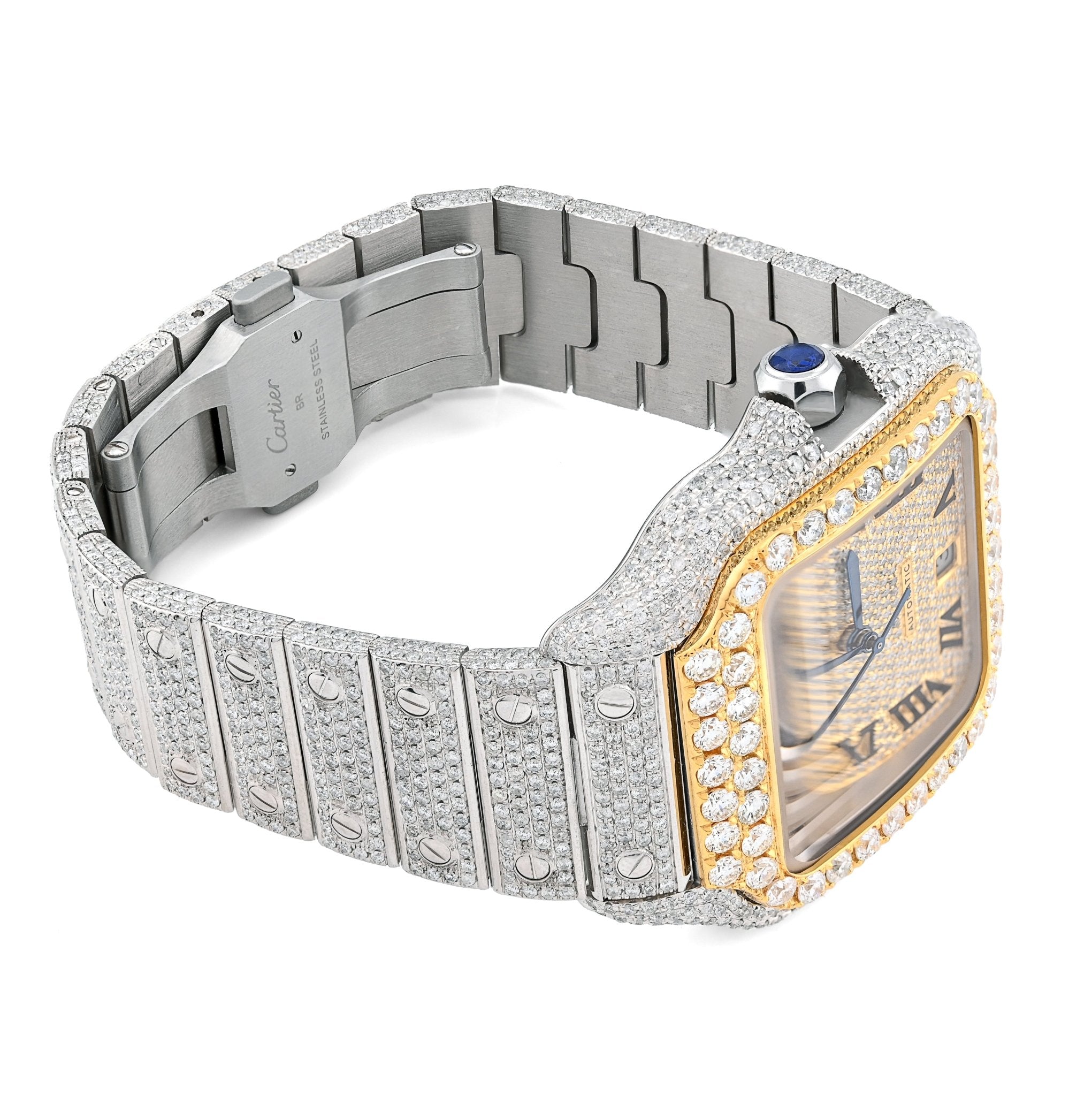 Cartier Santos 40MM 17CTW Natural Diamond Bussdown 2 - Tone Yellow Bezel Watch - Elite Jewelers - Luxury Watch