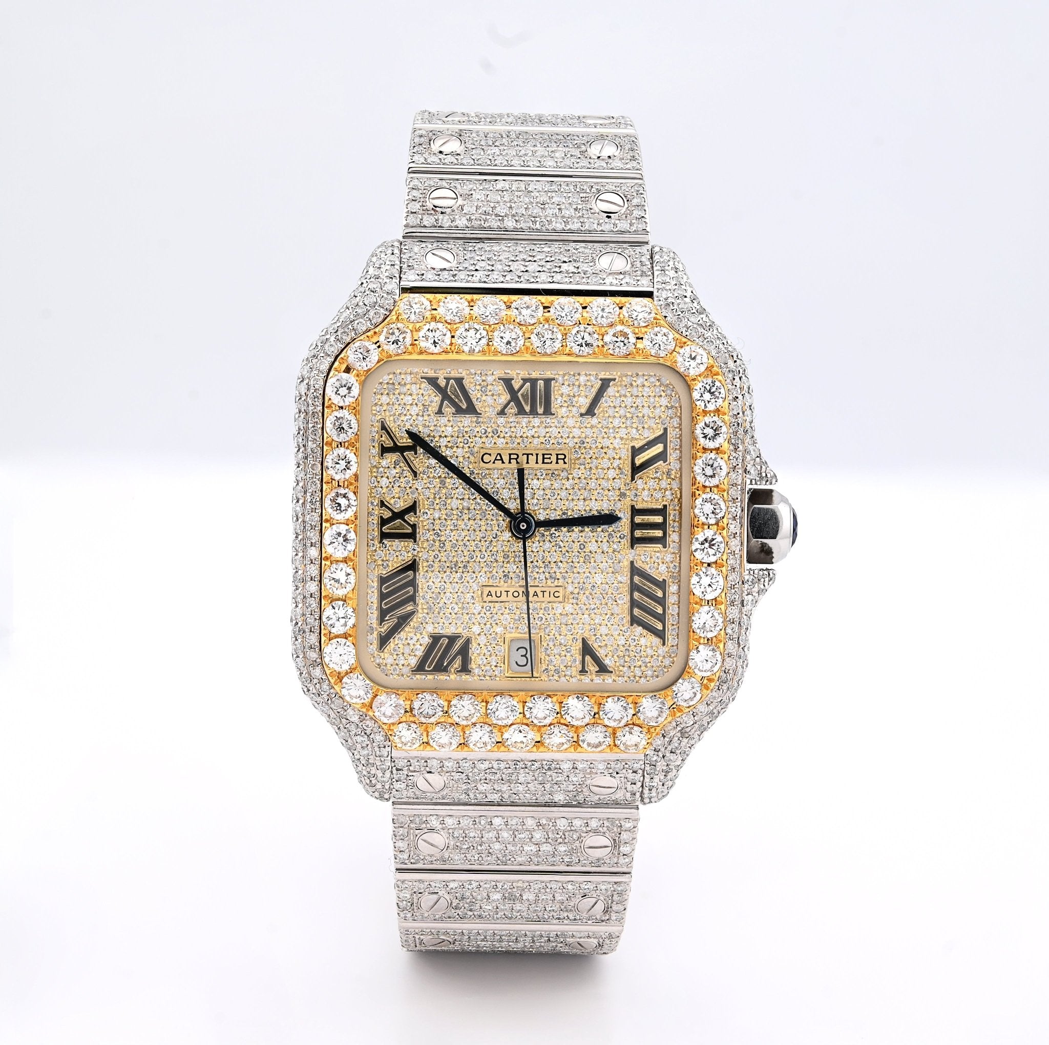 Cartier Santos 40MM 17CTW Natural Diamond Bussdown 2 - Tone Yellow Bezel Watch - Elite Jewelers - Luxury Watch