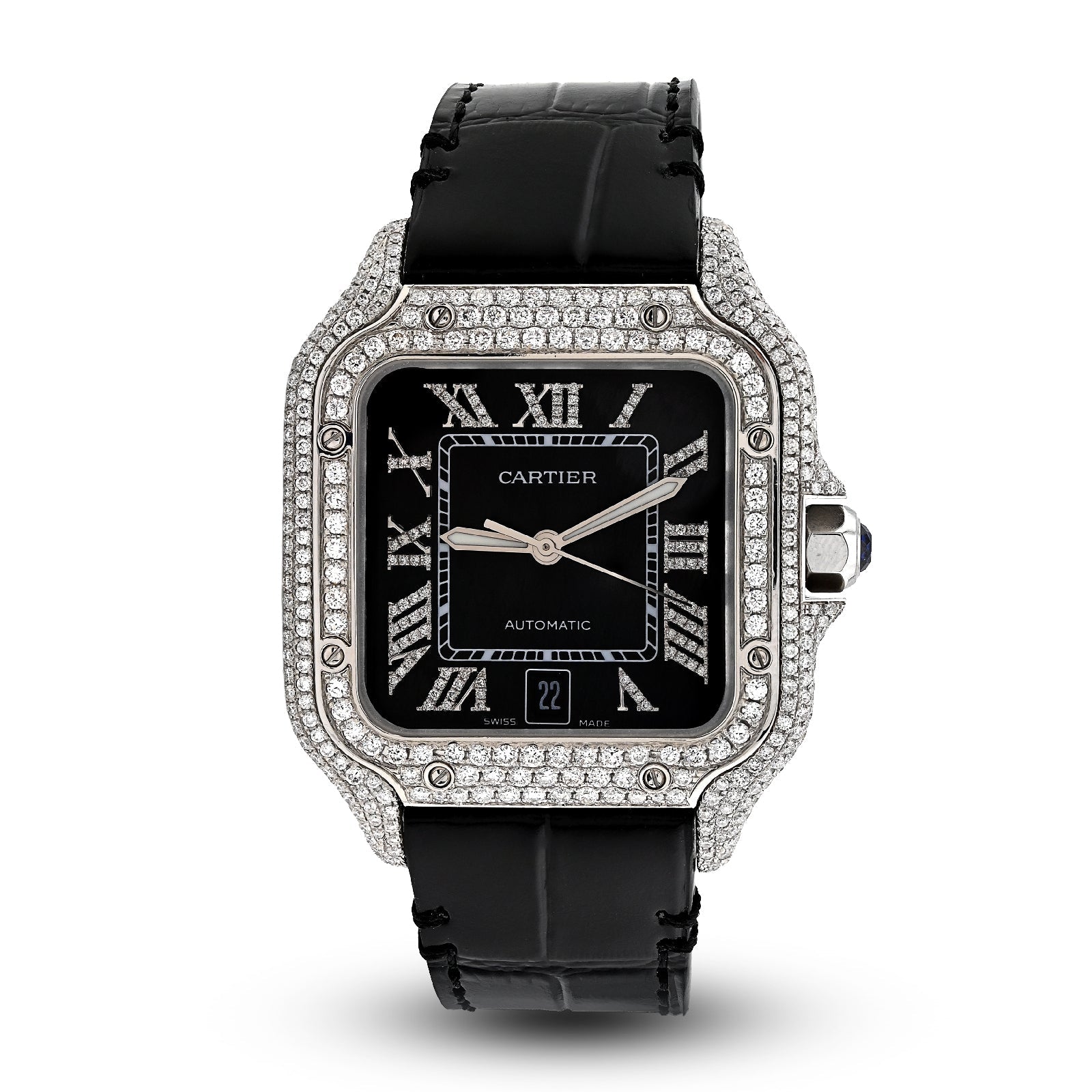 Cartier Santos 40MM 4.5CTW Natural Diamond Black Leather Strap Band Black Face Watch - Elite Jewelers - Luxury Watch