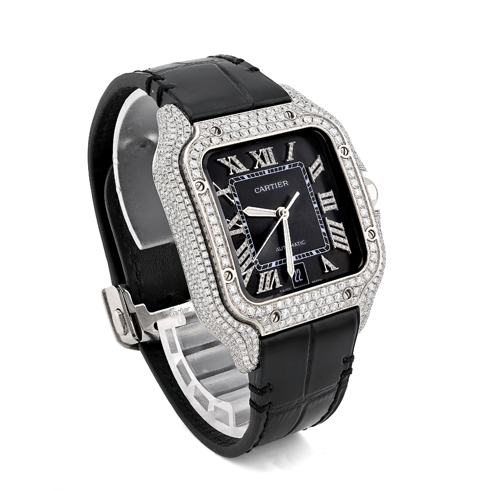 Cartier Santos 40MM 4.5CTW Natural Diamond Black Leather Strap Band Black Face Watch - Elite Jewelers - Luxury Watch