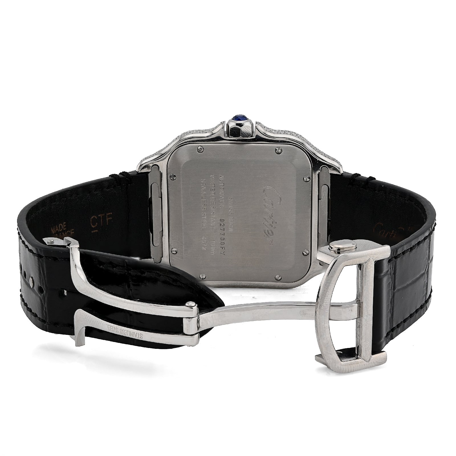 Cartier Santos 40MM 4.5CTW Natural Diamond Black Leather Strap Band Black Face Watch - Elite Jewelers - Luxury Watch