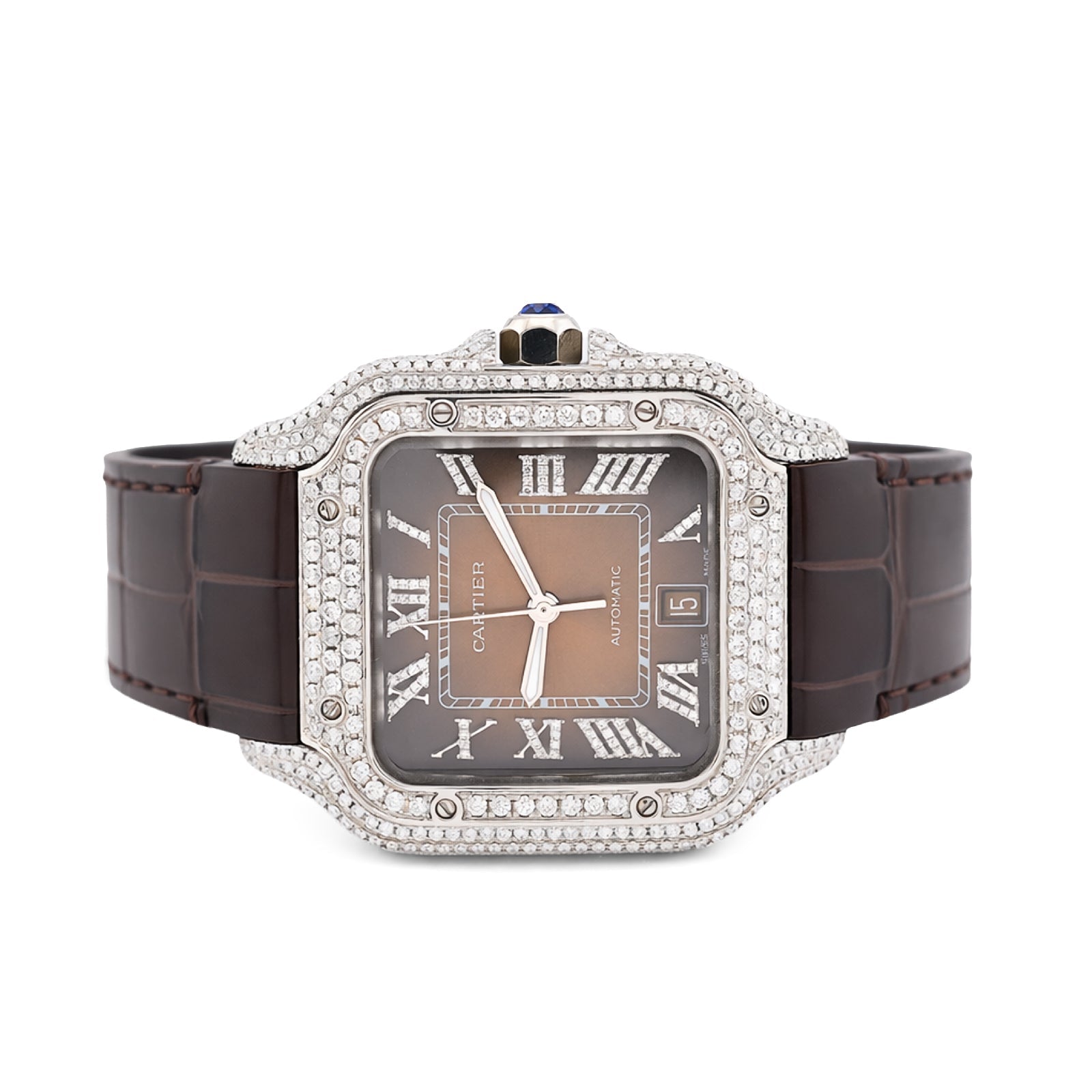 Cartier Santos 40MM 4.5CTW Natural Diamond Leather Strap Band Ombre Brown Face Watch - Elite Jewelers - Luxury Watch