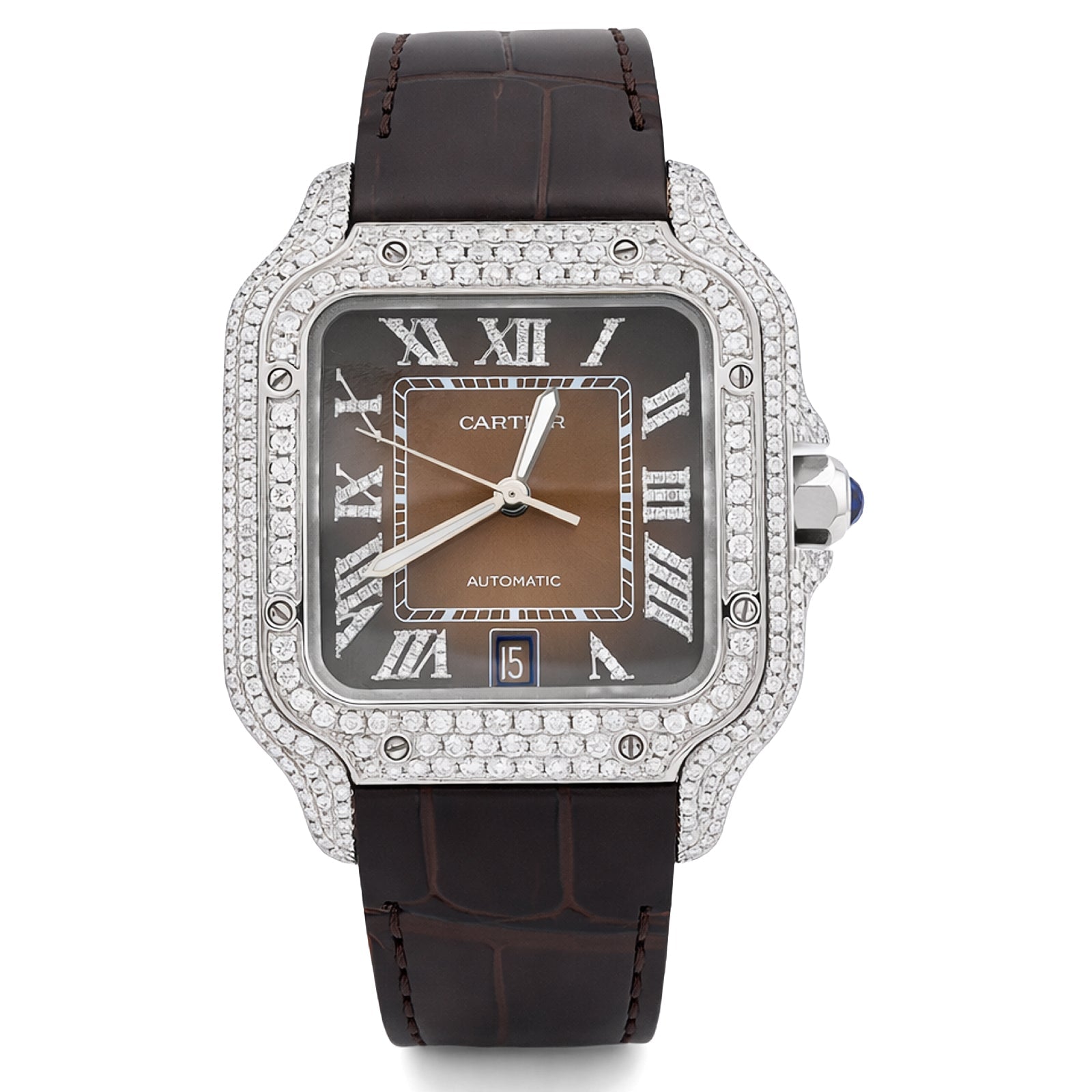 Cartier Santos 40MM 4.5CTW Natural Diamond Leather Strap Band Ombre Brown Face Watch - Elite Jewelers - Luxury Watch