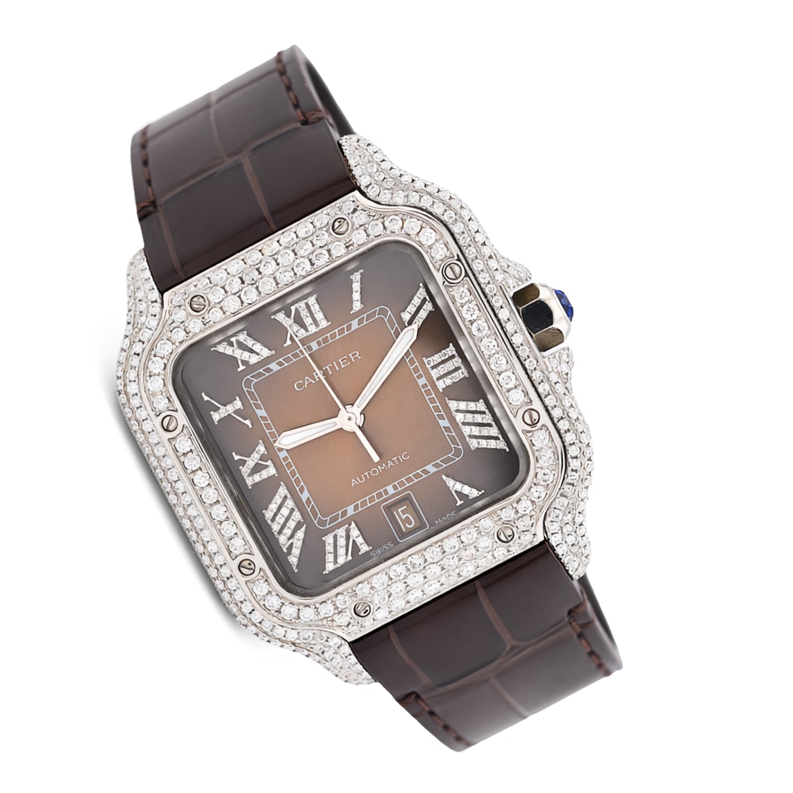 Cartier Santos 40MM 4.5CTW Natural Diamond Leather Strap Band Ombre Brown Face Watch - Elite Jewelers - Luxury Watch