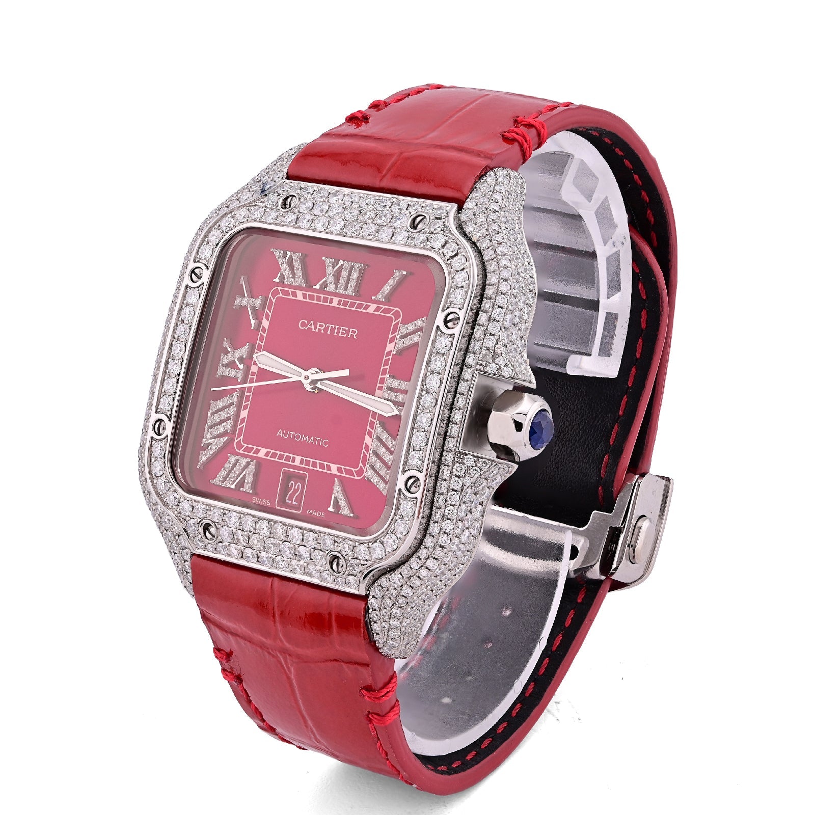 Cartier Santos 40MM Red Face and Leather Band 6CT Natural Diamond Watch - Elite Jewelers - Luxury Watch