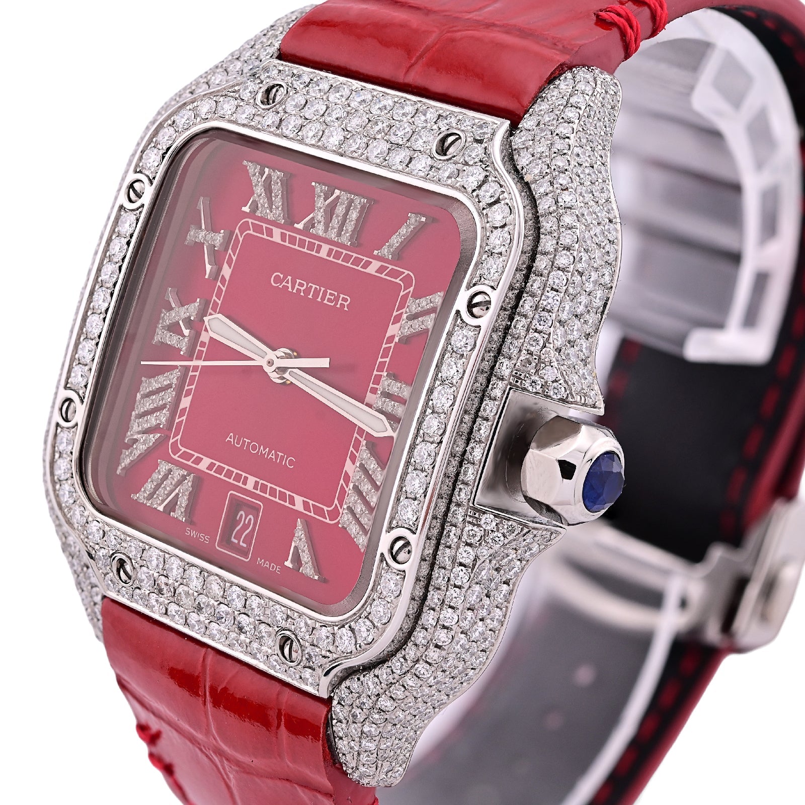 Cartier Santos 40MM Red Face and Leather Band 6CT Natural Diamond Watch - Elite Jewelers - Luxury Watch