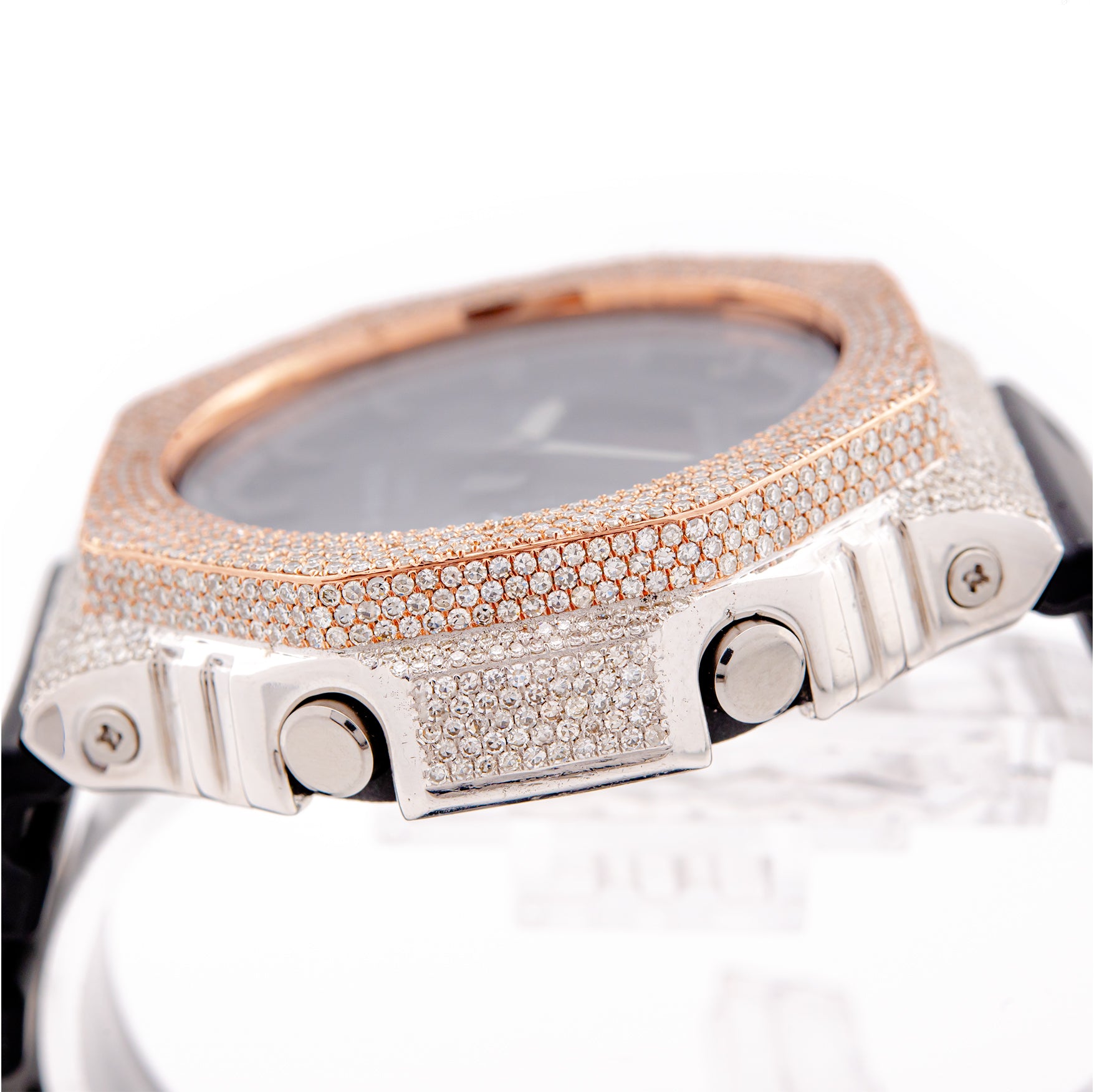 G-Shock GA2100 Iced-Out Black Dial Watch with White and Rose Gold 5.0 CTW Diamonds