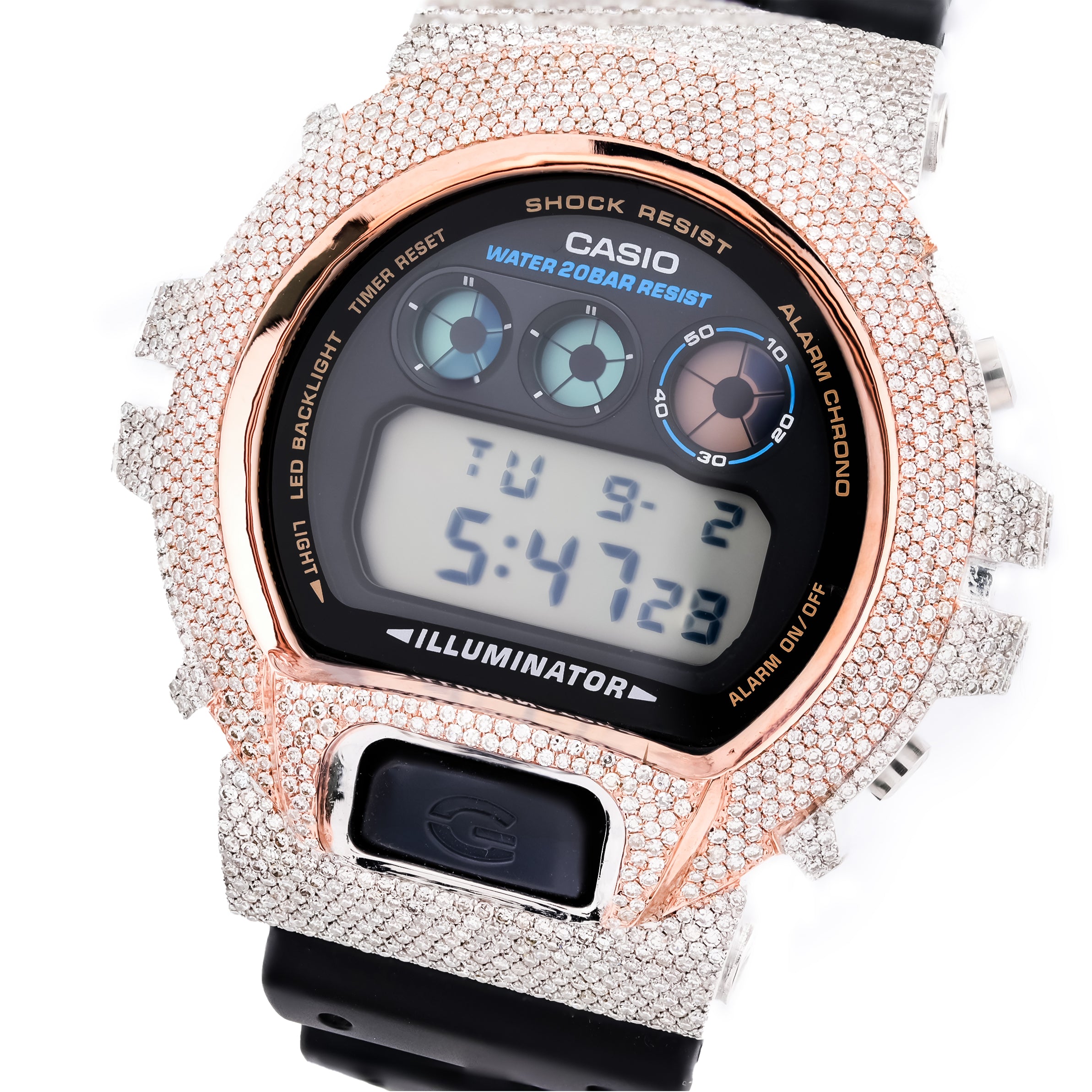 G-Shock DW6900U Diamond Iced Out Two Tone 4.60 CTW Rose Gold and White Bezel Watch