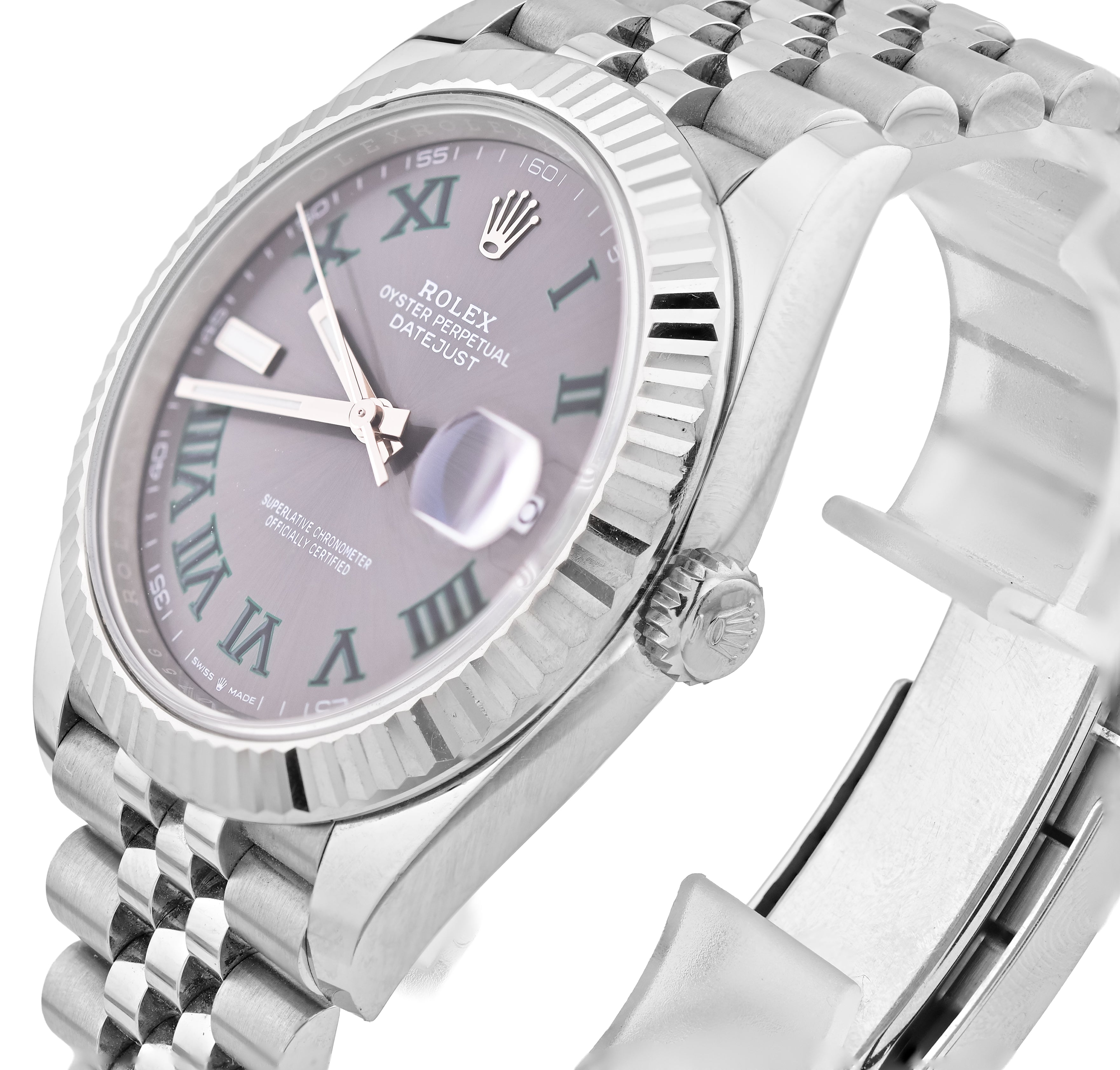 Silver Rolex watch with a purple face on a white background