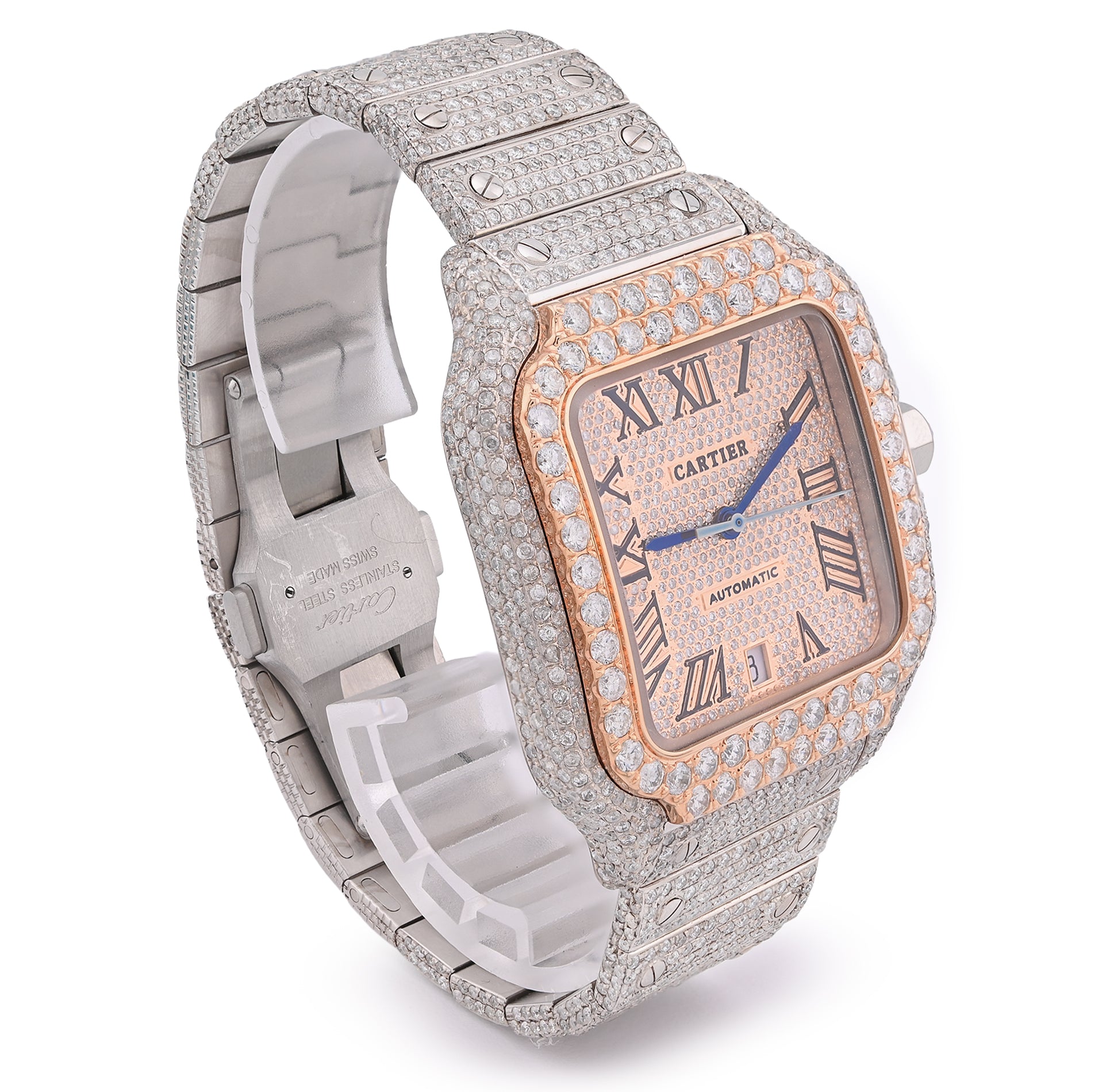 Cartier Santos 40MM 17CTW Natural Diamond Bussdown 2-Tone Rose Bezel Watch