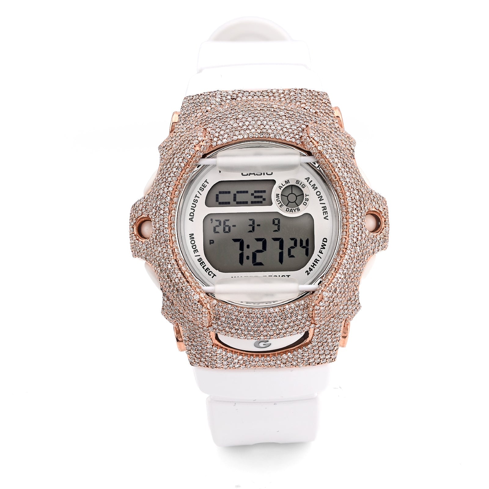 G - Shock BG169U Baby G 4.80CTW Rose Natural Diamond Bezel White Band Women Watch - Elite Jewelers - Luxury Watch