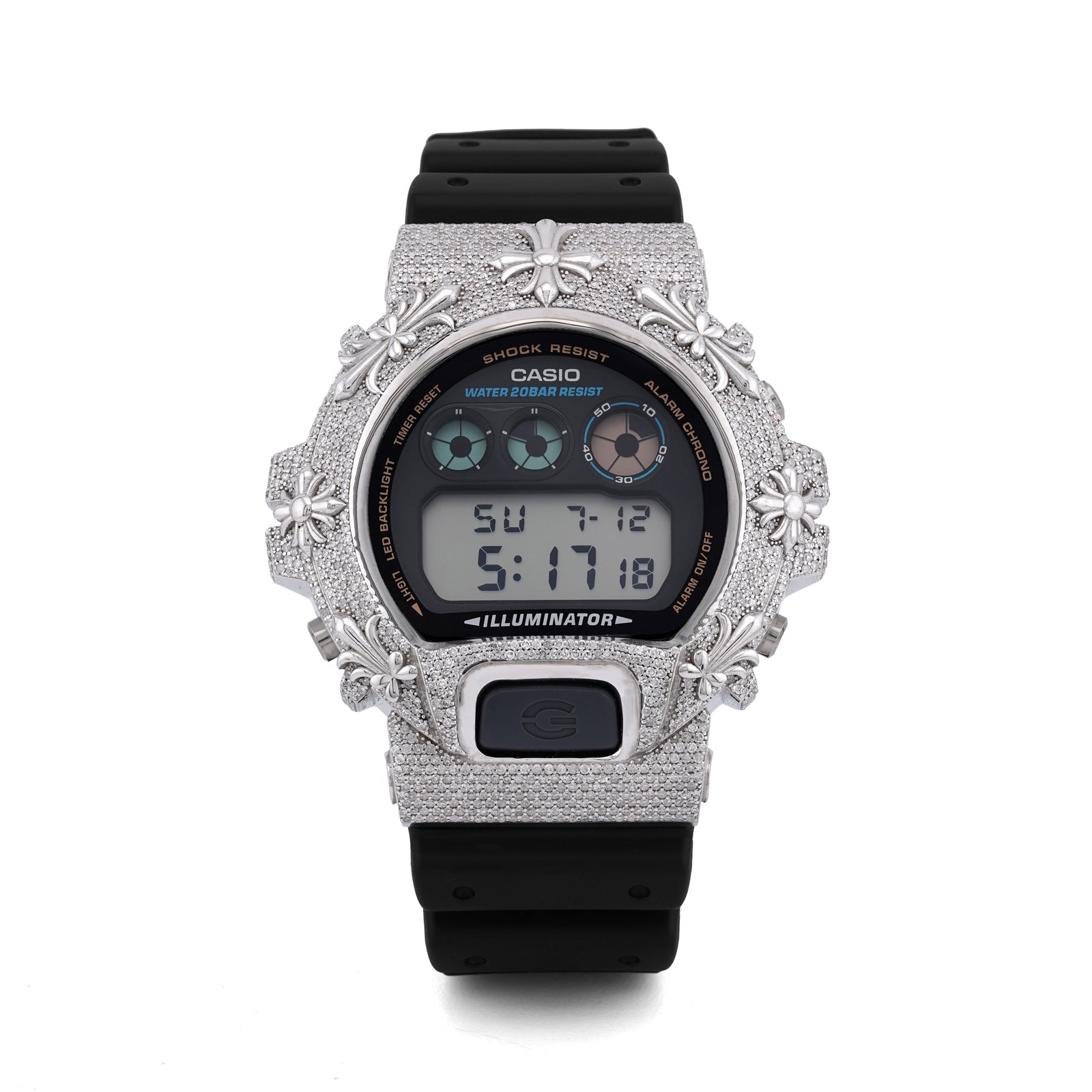 G-Shock DW-6900 3.5CT Natural Diamond White Chrome Heart Cross Watch - Elite Jewelers-Luxury Watch