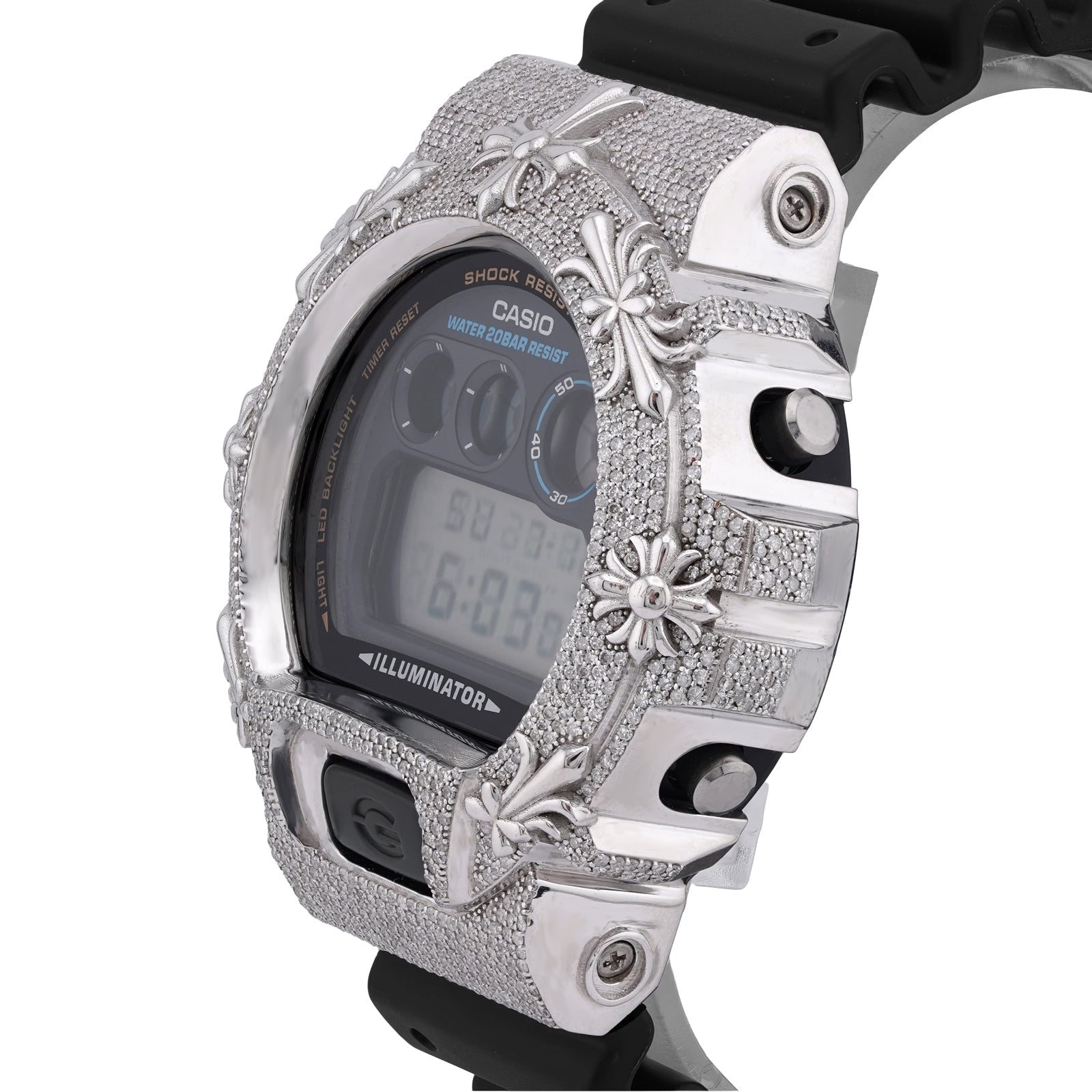 G-Shock DW-6900 3.5CT Natural Diamond White Chrome Heart Cross Watch - Elite Jewelers-Luxury Watch