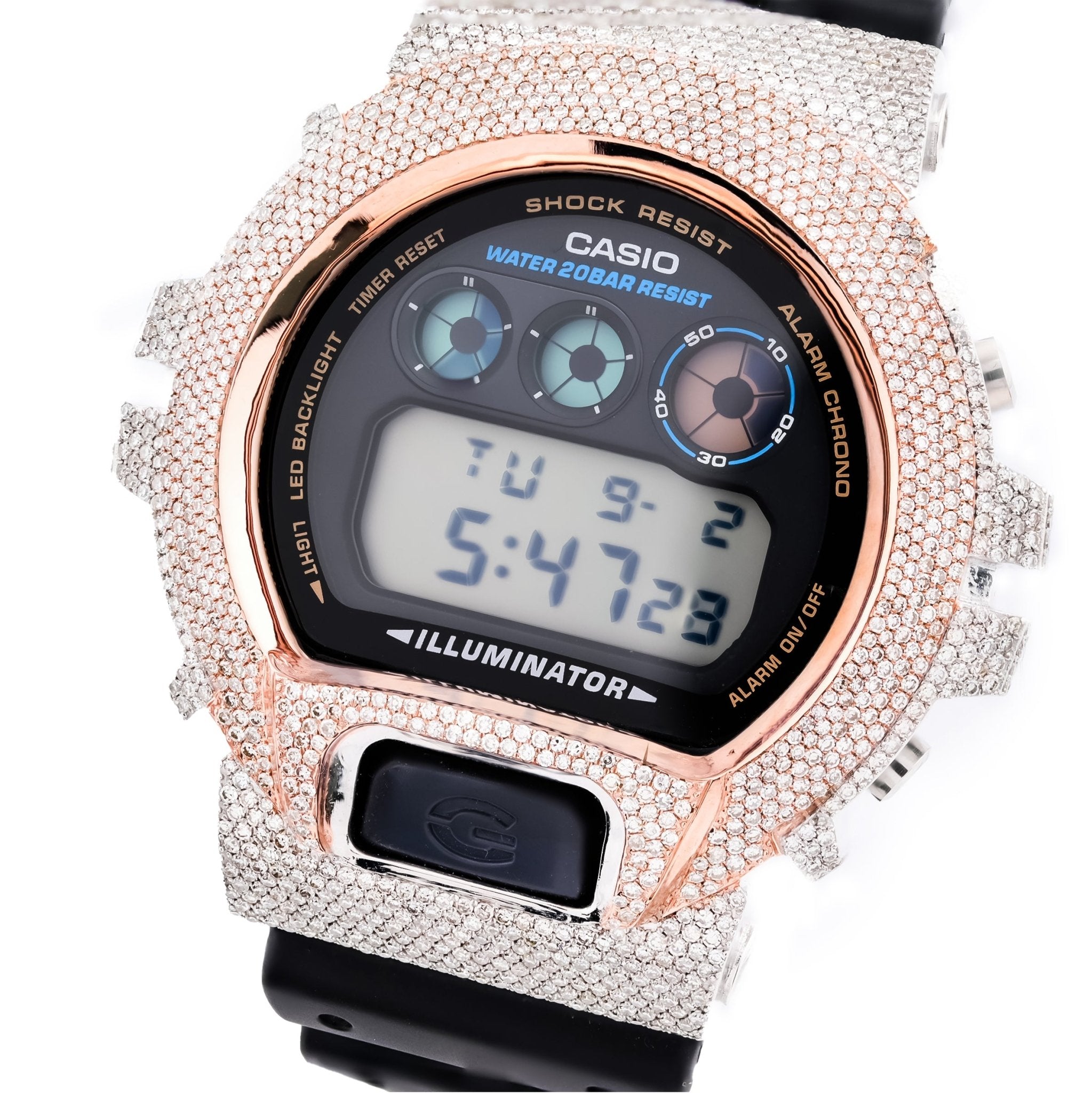 G - Shock DW6900U Diamond Iced Out Two Tone 4.60 CTW Rose Gold and White Bezel Watch - Elite Jewelers - Luxury Watch