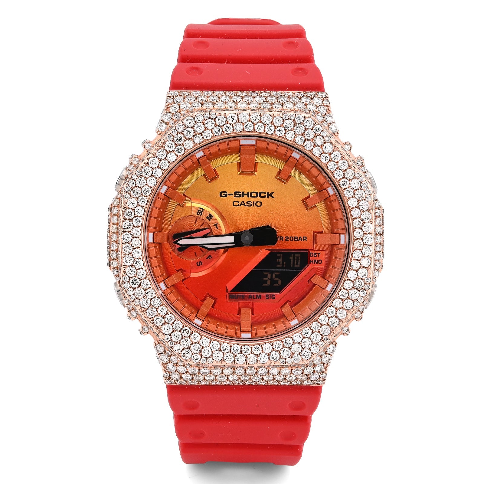 G - Shock GA - 2100FL 7CTW Rose Natural Diamond Bezel Sunset Dial Red Band Men Watch - Elite Jewelers - Luxury Watch