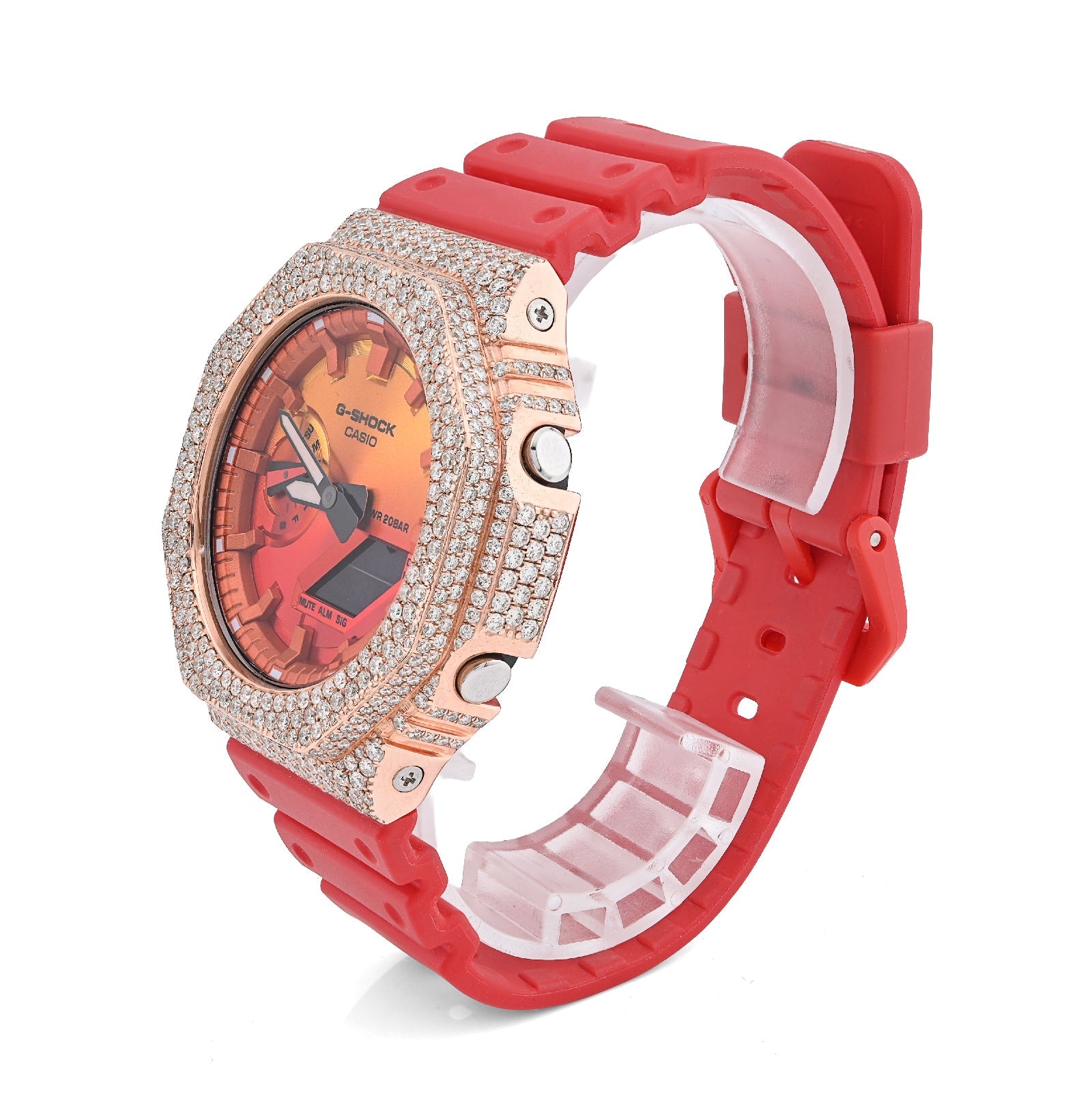 G - Shock GA - 2100FL 7CTW Rose Natural Diamond Bezel Sunset Dial Red Band Men Watch - Elite Jewelers - Luxury Watch