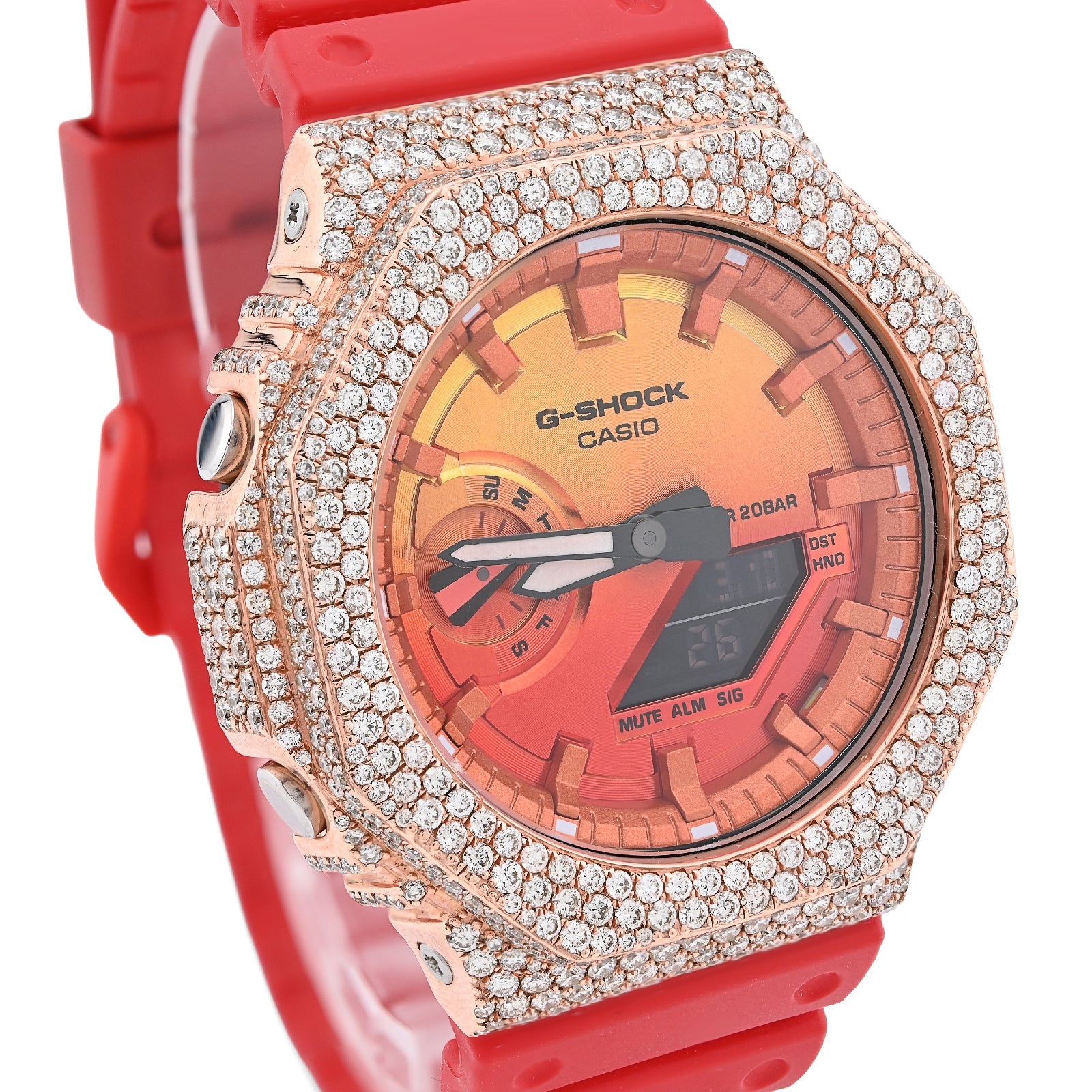G - Shock GA - 2100FL 7CTW Rose Natural Diamond Bezel Sunset Dial Red Band Men Watch - Elite Jewelers - Luxury Watch
