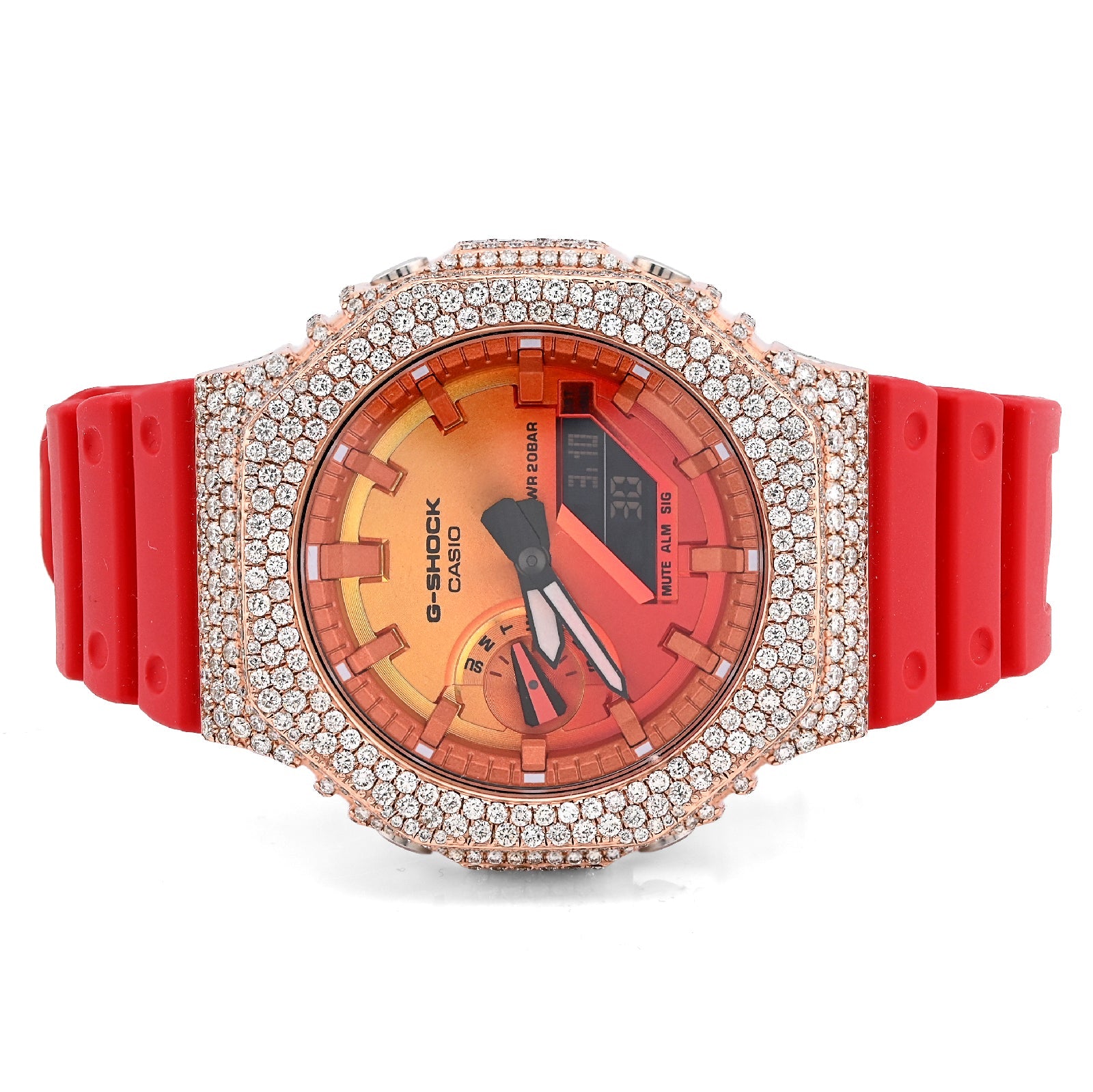 G - Shock GA - 2100FL 7CTW Rose Natural Diamond Bezel Sunset Dial Red Band Men Watch - Elite Jewelers - Luxury Watch