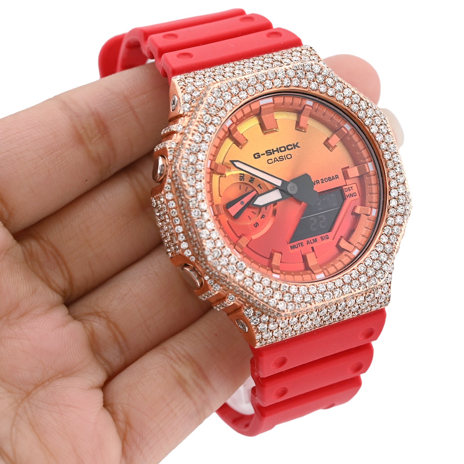G - Shock GA - 2100FL 7CTW Rose Natural Diamond Bezel Sunset Dial Red Band Men Watch - Elite Jewelers - Luxury Watch