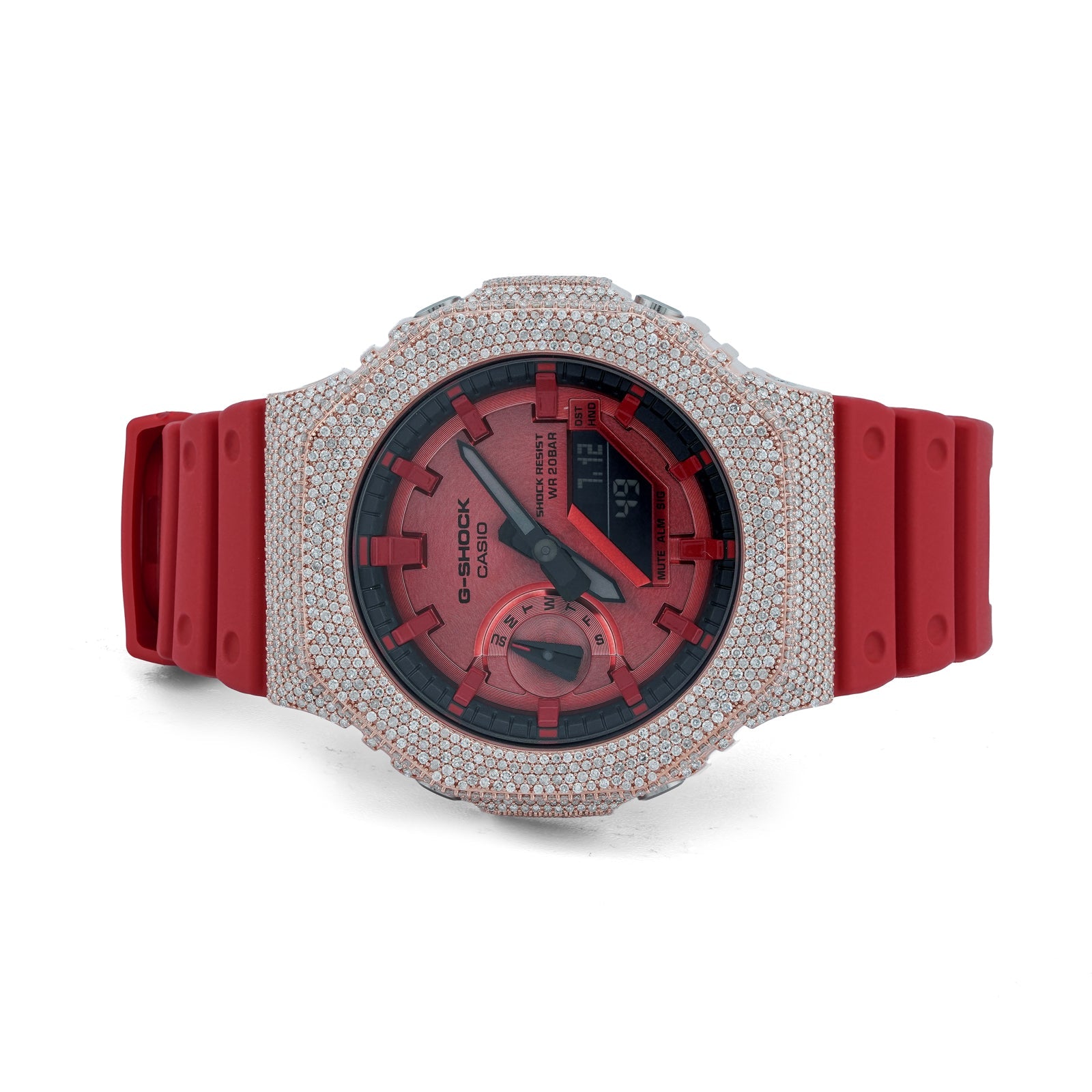 G-Shock GA2100 4.6CT Natural Diamond Rose Bezel All Red Watch - Elite Jewelers-Luxury Watch