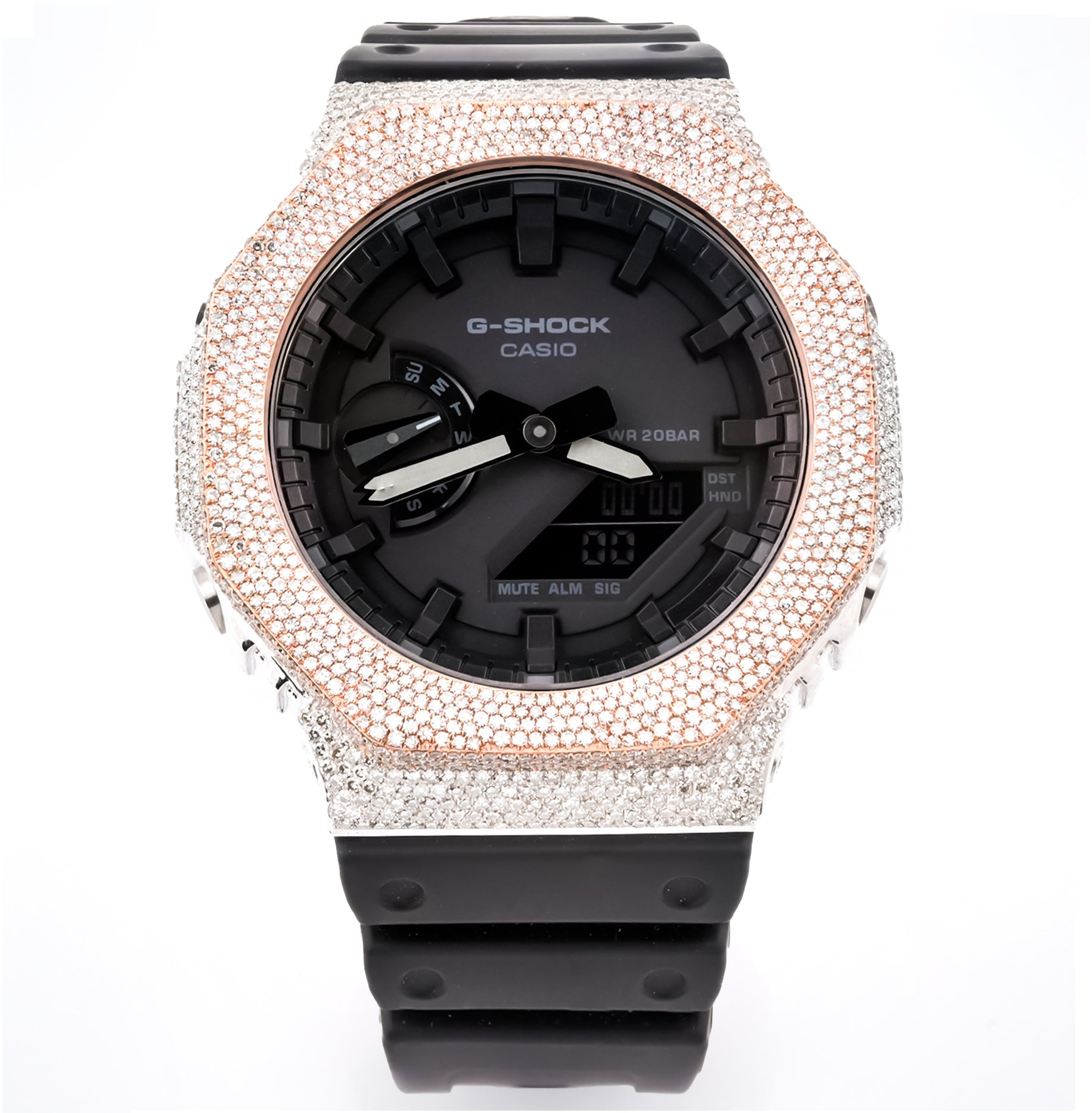 G-Shock GA2100 Iced-Out Black Dial Watch with White and Rose Gold 