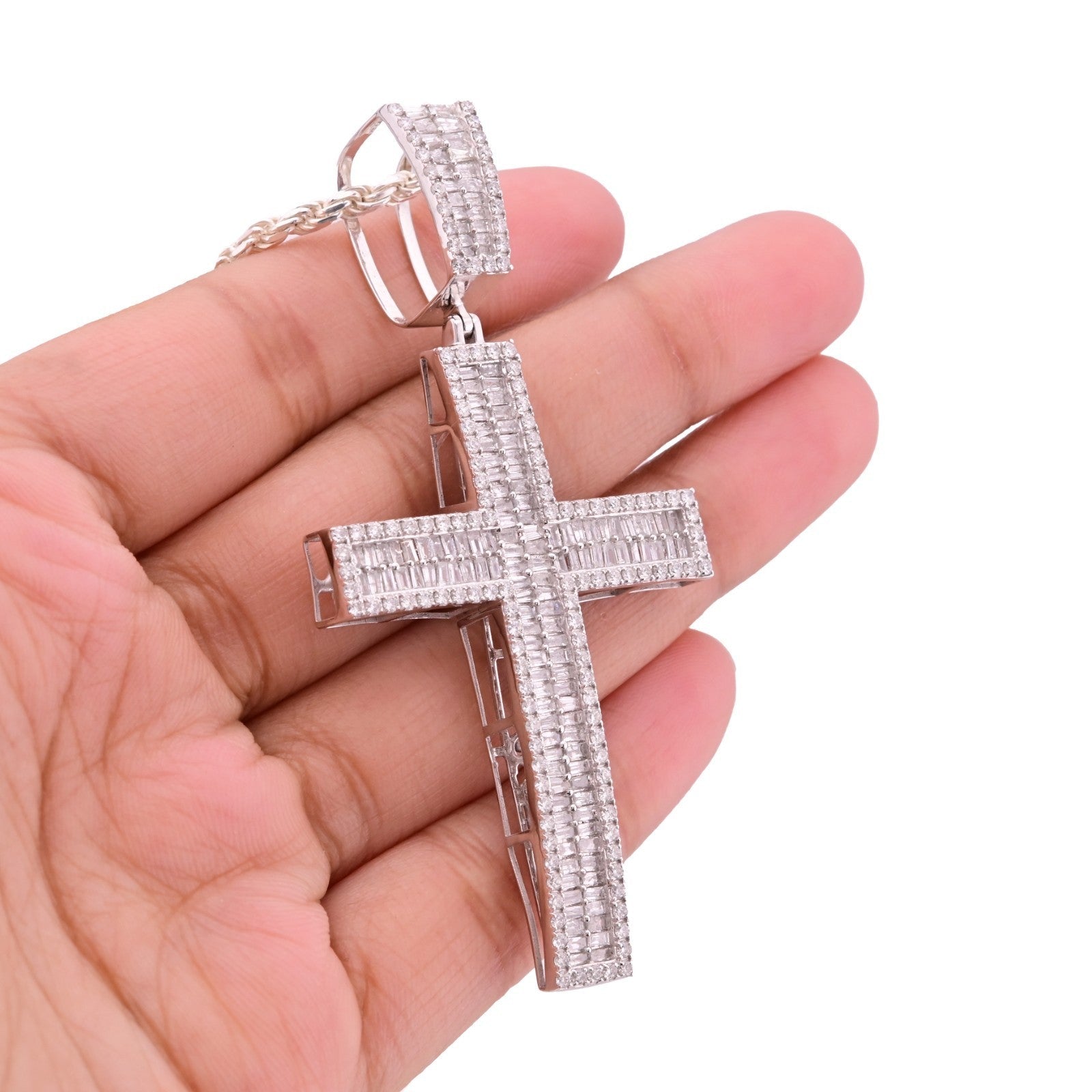 ICED 10k White Gold 11.6g 3.5CTW Real Round/Baguette Diamond Cross Pendant Charm - Elite Jewelers - Charms & Pendants
