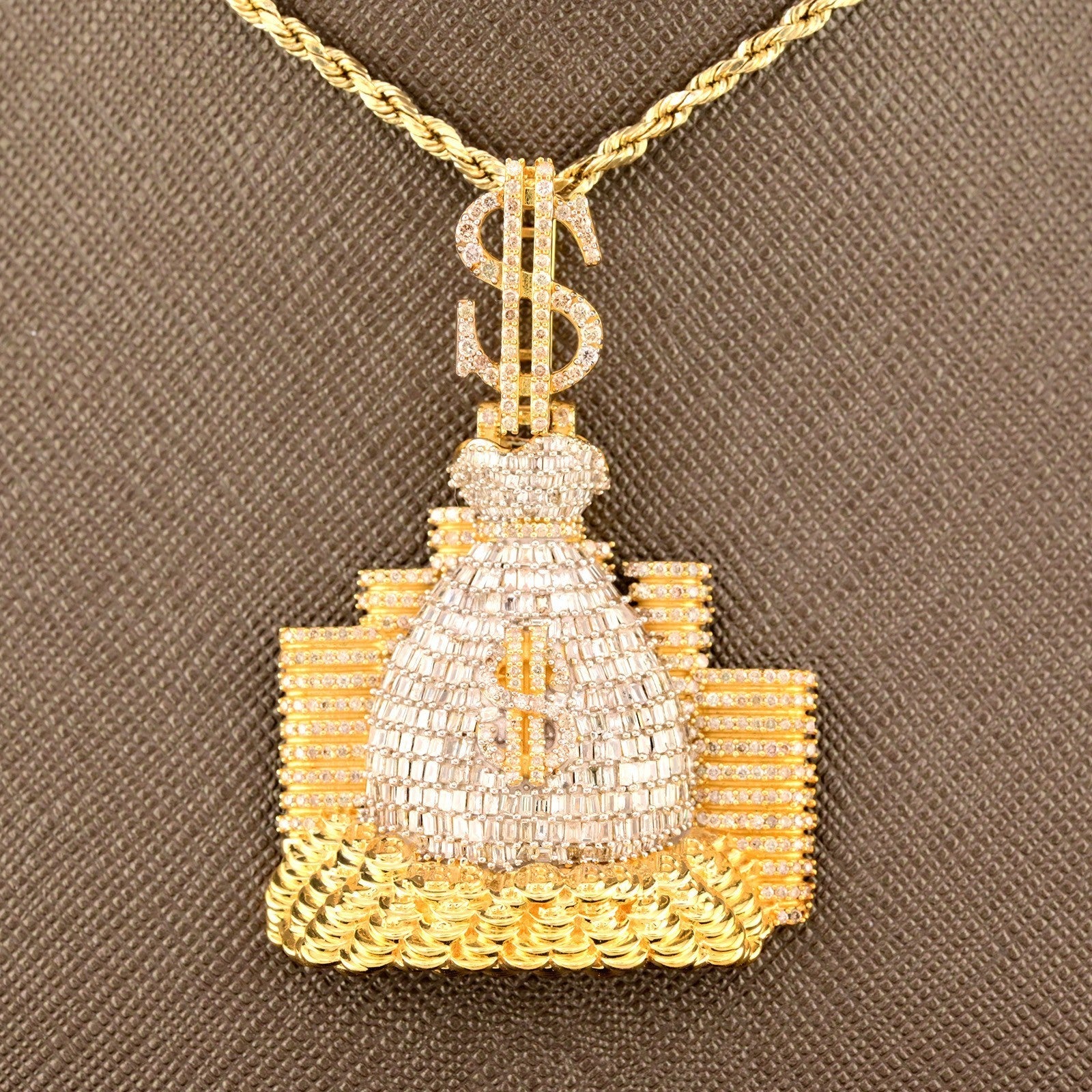 ICED 10k Yellow Gold 4.5CTW Round/Baguette Diamond Money Bag $ Pendant 20g Charm - Elite Jewelers - Charms & Pendants