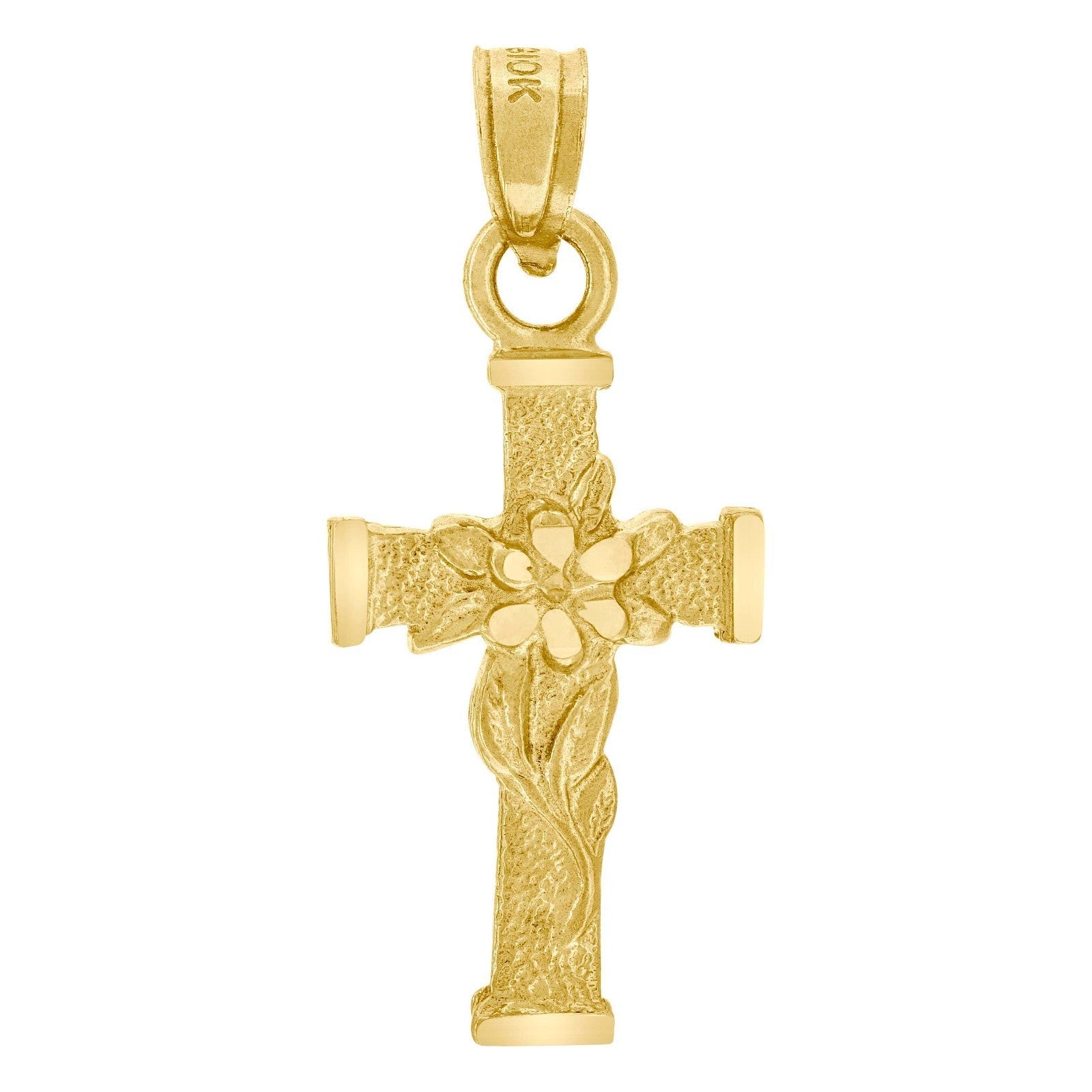 Mens Womens 10k Yellow Gold Textured Flower Cross Religious Charm 0.88g Pendant - Elite Jewelers - Charms & Pendants