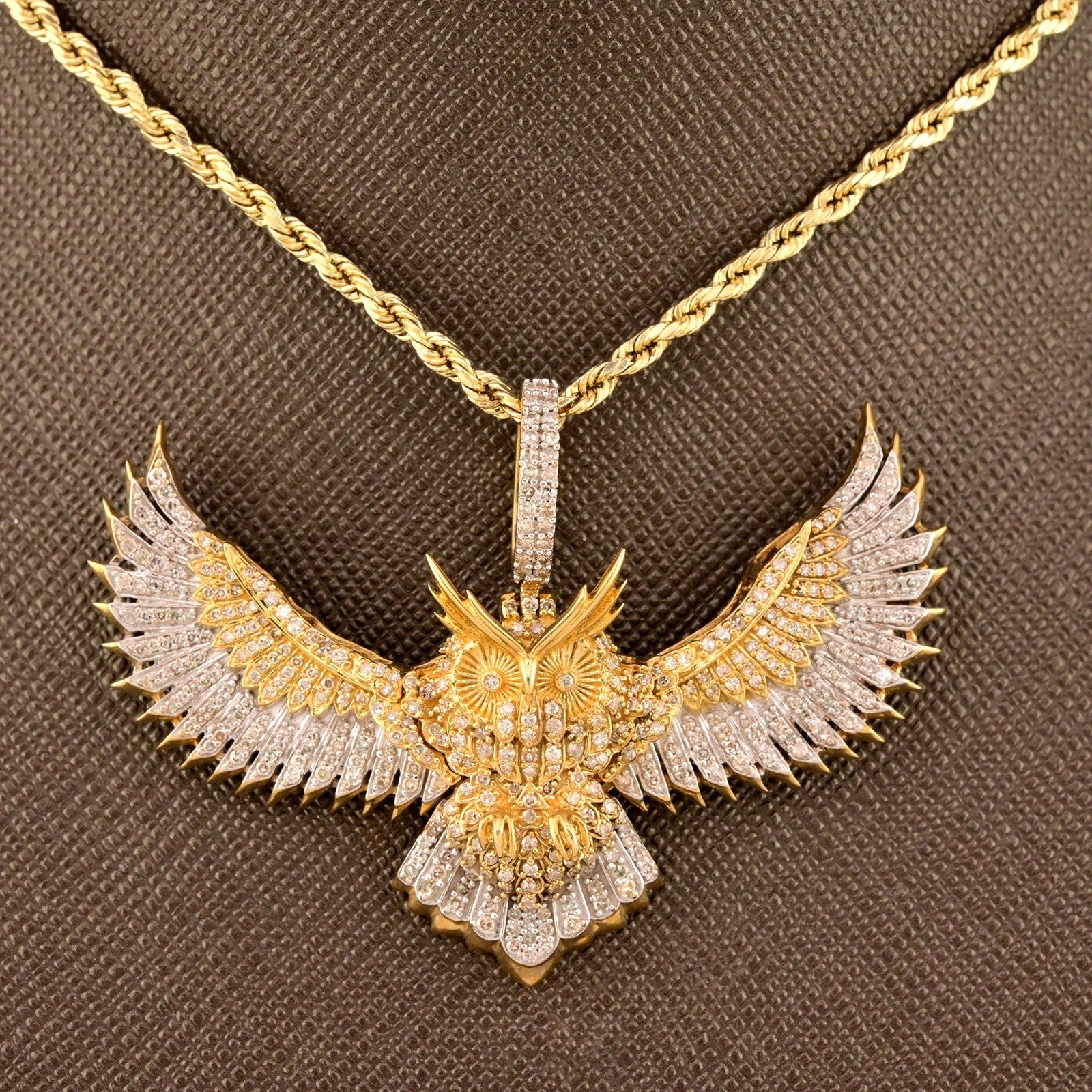 Pure 10k Yellow Gold 2.5CTW Natural Diamond Flying Bird Owl Pendant 12.3gm Charm - Elite Jewelers - Charms & Pendants