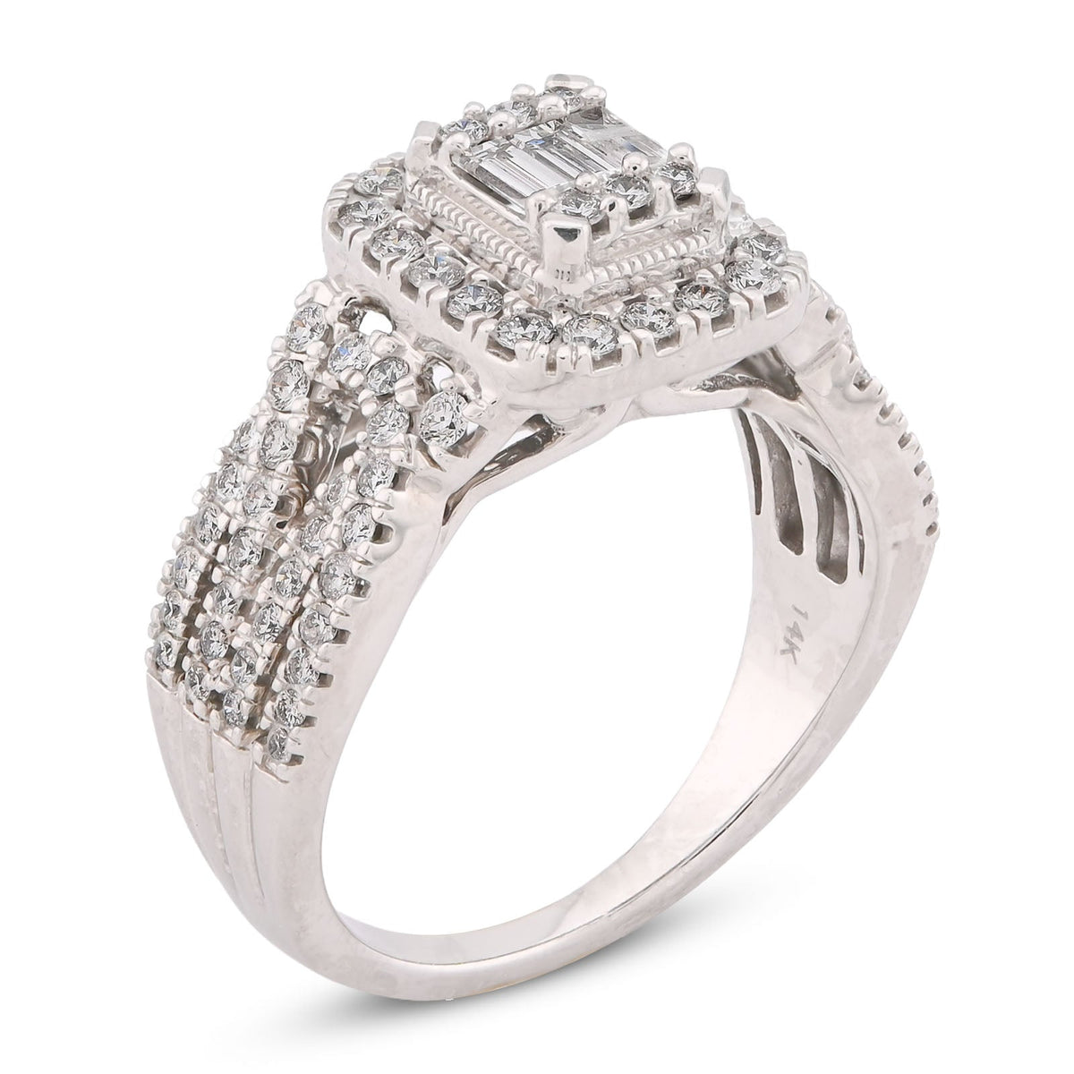 Rectangular Shape Baguette Centre Halo Natural Diamond 0.875CT Women Ring 14K White Gold - Elite Jewelers-Rings