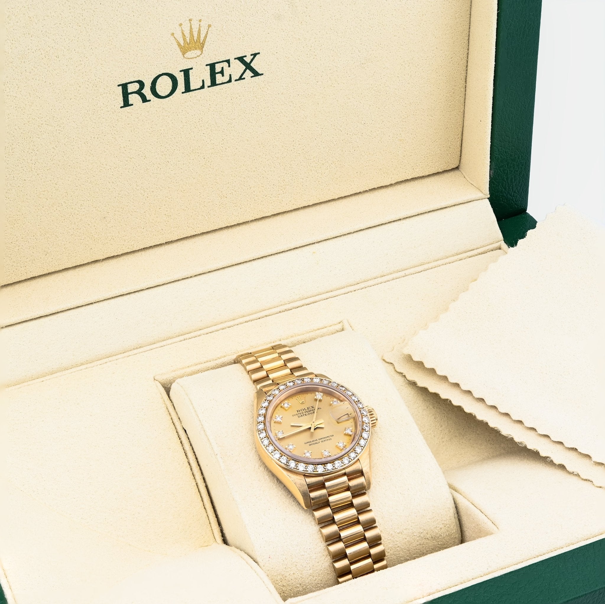 Rolex 26MM Presidential 18K Gold Diamond Bezel/Dial Champagne Face Women Watch 69178 - Elite Jewelers - Luxury Watch