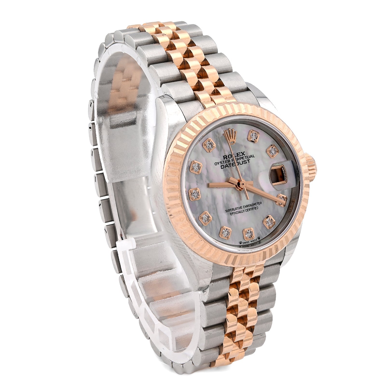 Rolex Datejust 28MM Everose Gold Two tone MOP Face Diamond Dial Fluted Bezel FULL SET Watch - Elite Jewelers - Luxury Watch