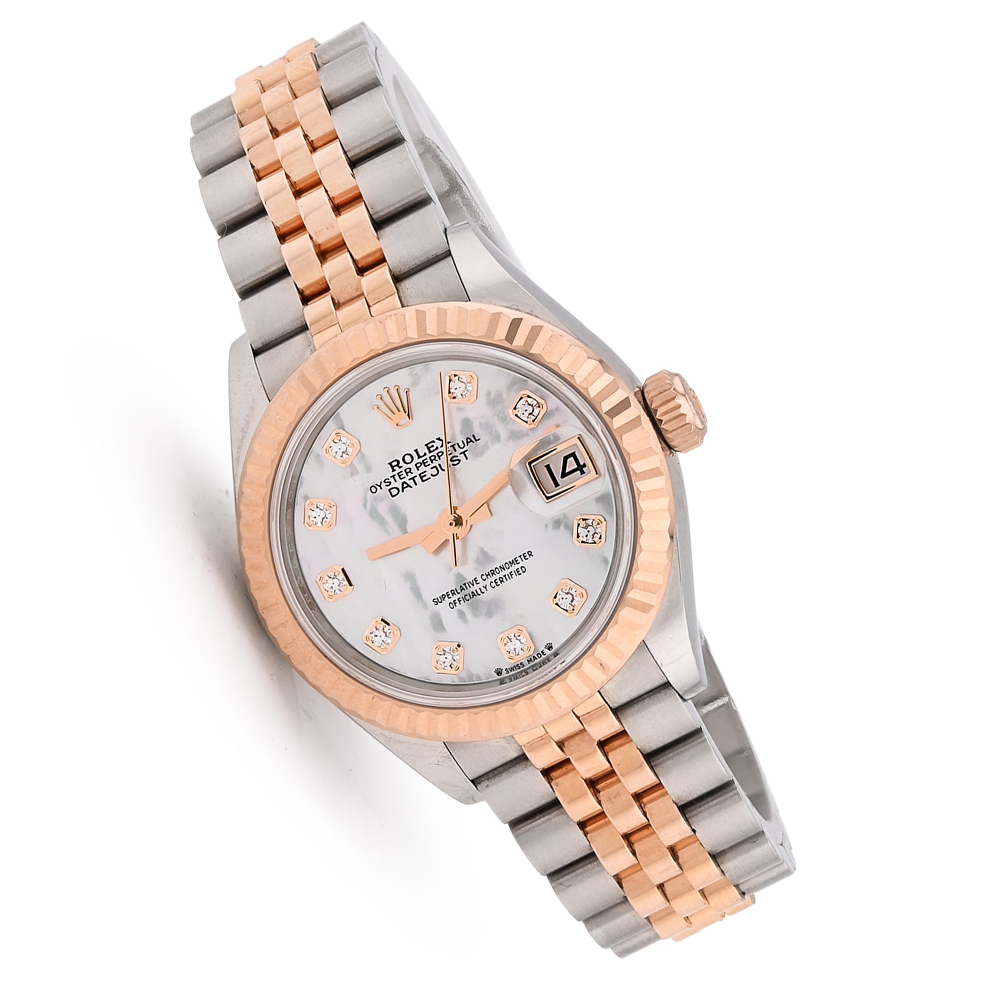 Rolex Datejust 28MM Everose Gold Two tone MOP Face Diamond Dial Fluted Bezel FULL SET Watch - Elite Jewelers - Luxury Watch