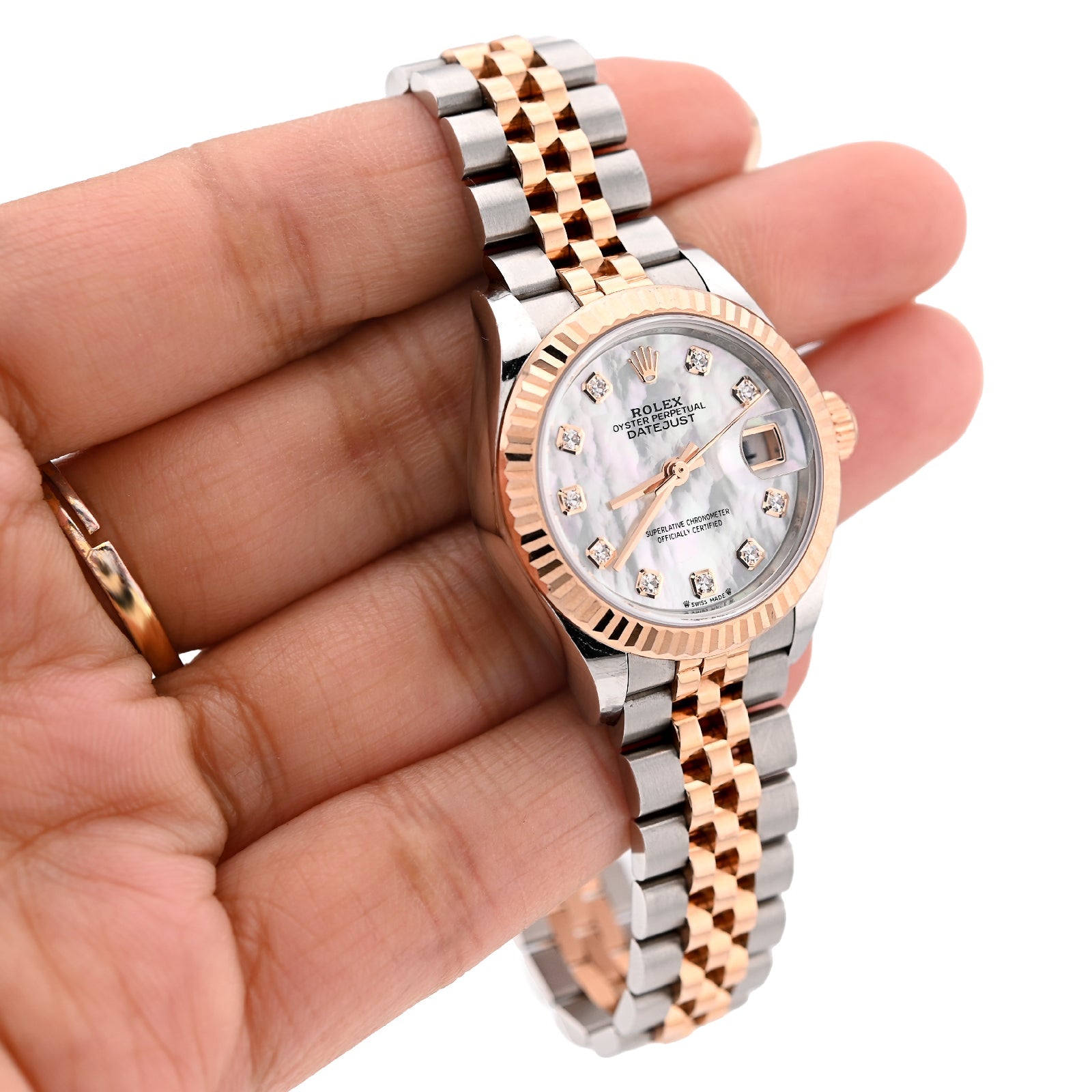 Rolex Datejust 28MM Everose Gold Two tone MOP Face Diamond Dial Fluted Bezel FULL SET Watch - Elite Jewelers - Luxury Watch