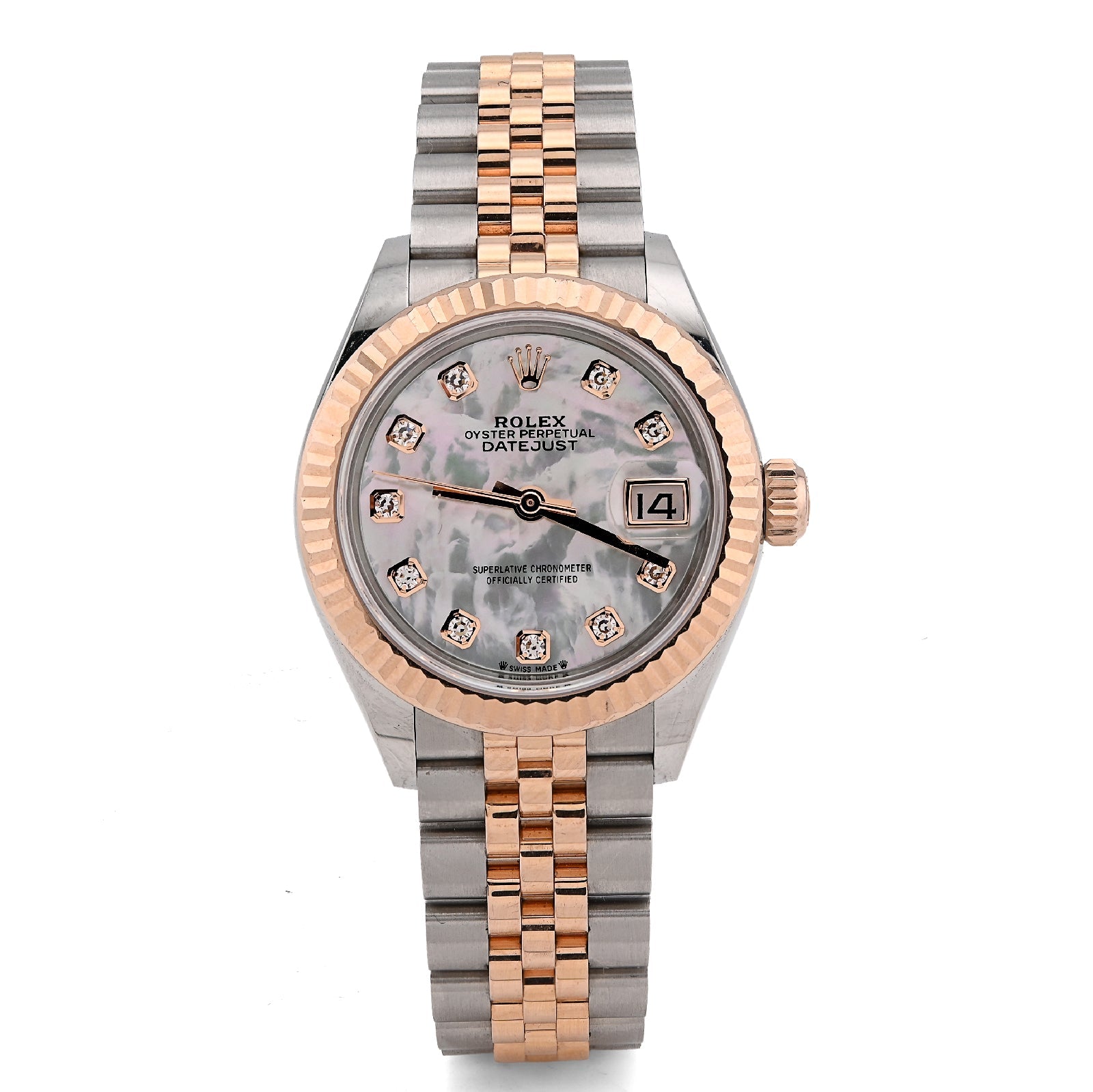 Rolex Datejust 28MM Everose Gold Two tone MOP Face Diamond Dial Fluted Bezel FULL SET Watch - Elite Jewelers - Luxury Watch