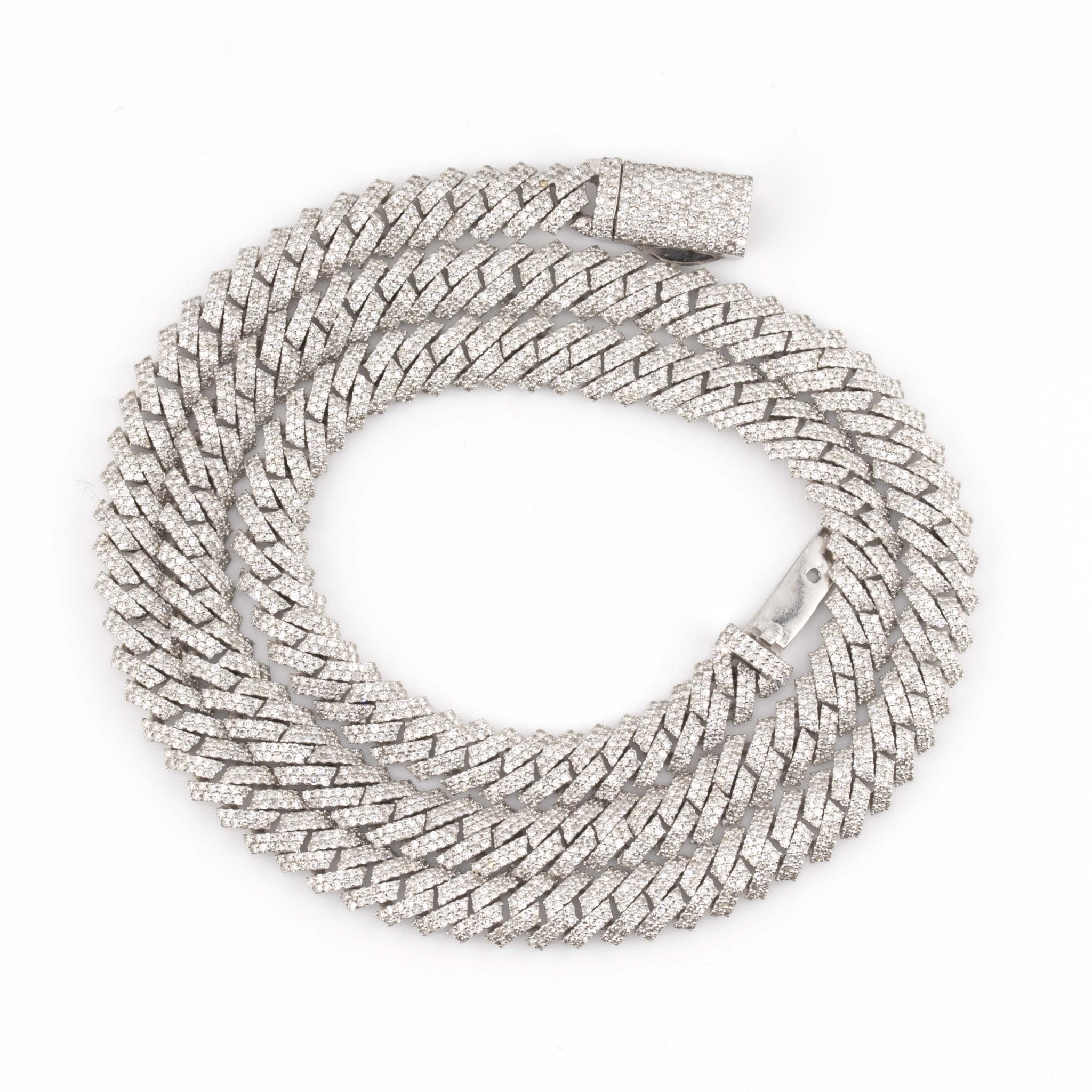 Silver with Diamond 2 Row Prong Set 12CT Diamond Cuban Necklace 24" - Elite Jewelers - Necklaces & Chains
