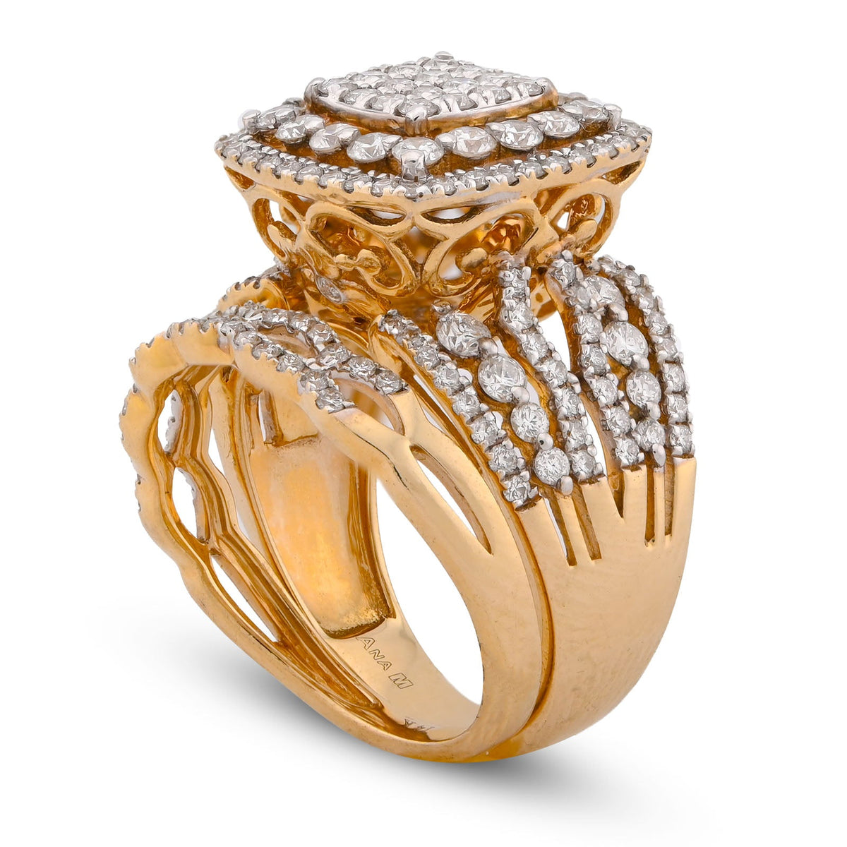 Square Shape Halo Multi Row Women 1.5CT Natural Diamond Ring with Band 10K Yellow Gold - Elite Jewelers-Rings