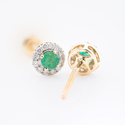 14k Yellow Gold 3mm Emerald and Diamond Halo Stud Earrings