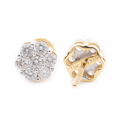 10k Yellow Gold Diamond Cluster Stud Earrings 0.9CTW