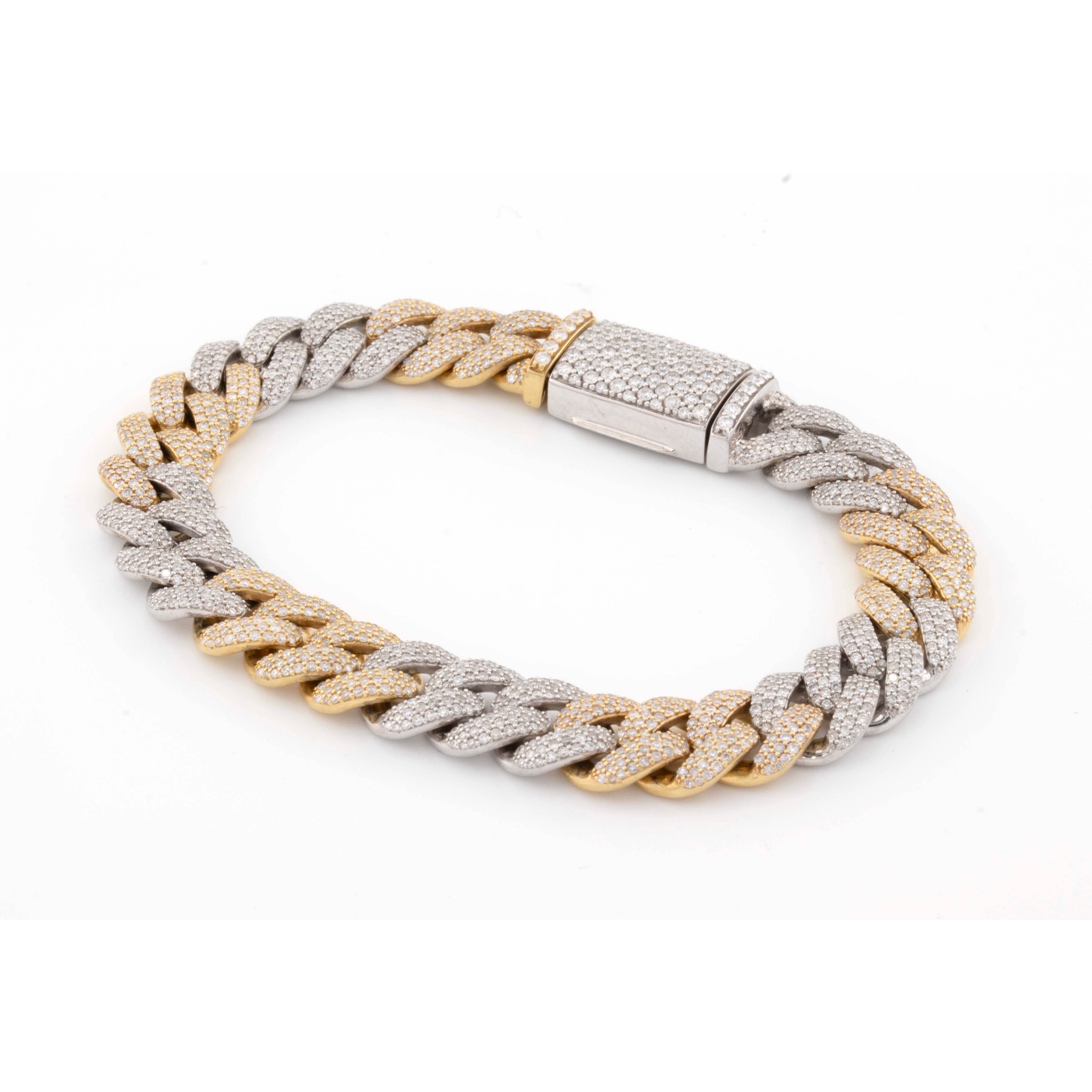 10k Yellow White Gold Two-Tone 3 Row 11mm Honeycomb 7.76CT Diamond Cuban Bracelet
