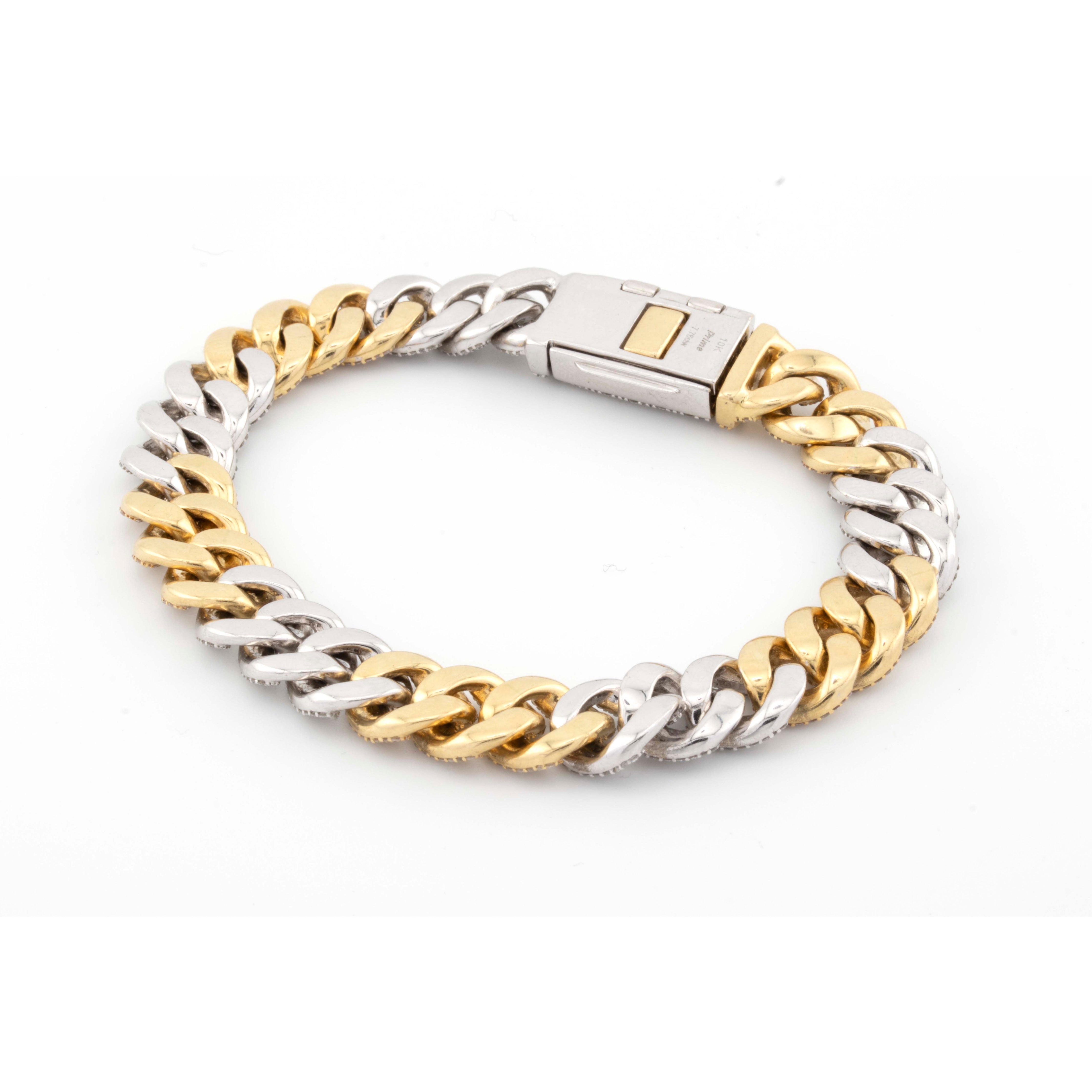 10k Yellow White Gold Two-Tone 3 Row 11mm Honeycomb 7.76CT Diamond Cuban Bracelet
