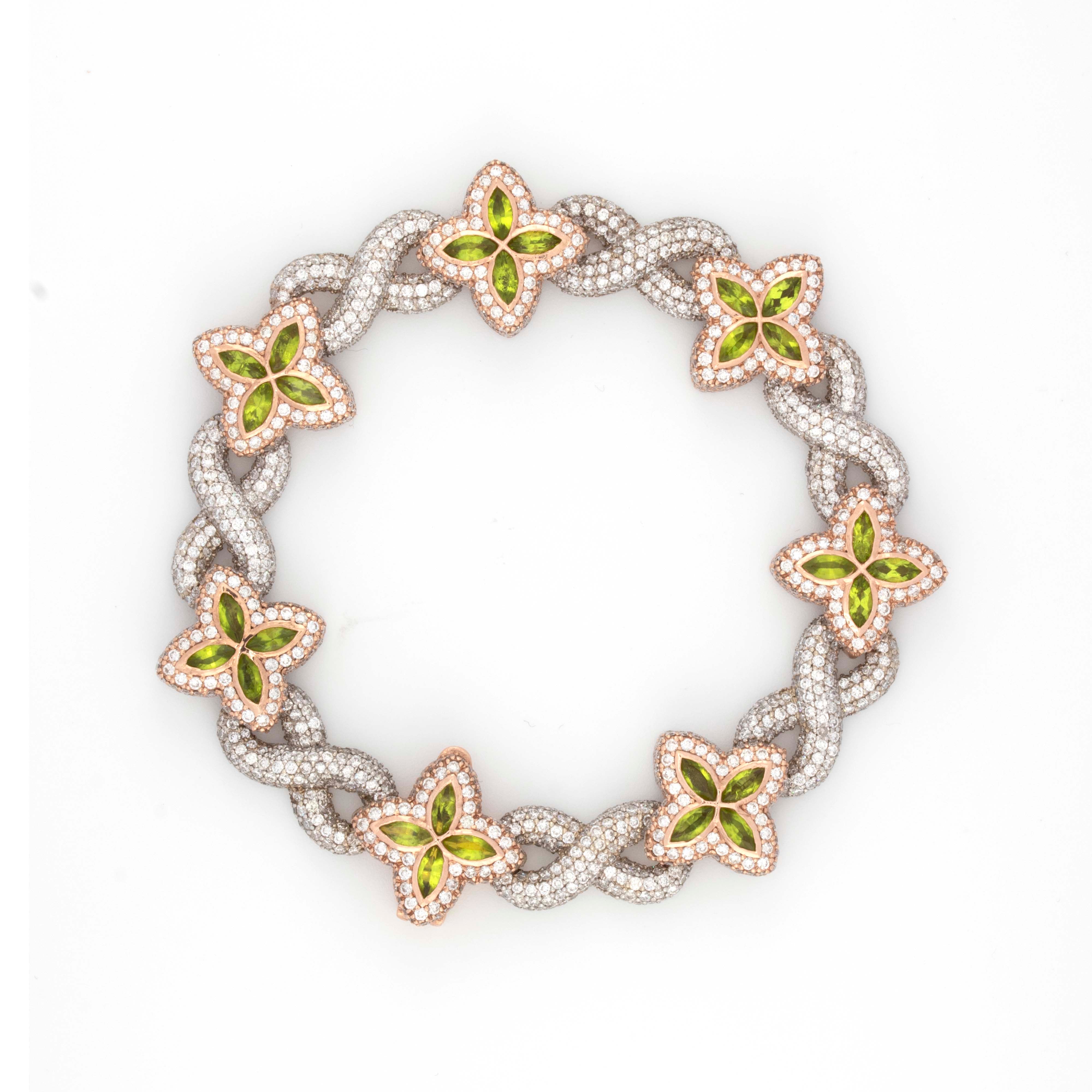 10k Rose / White Infinity Green Enamel Clove 14CT Diamond Bracelet