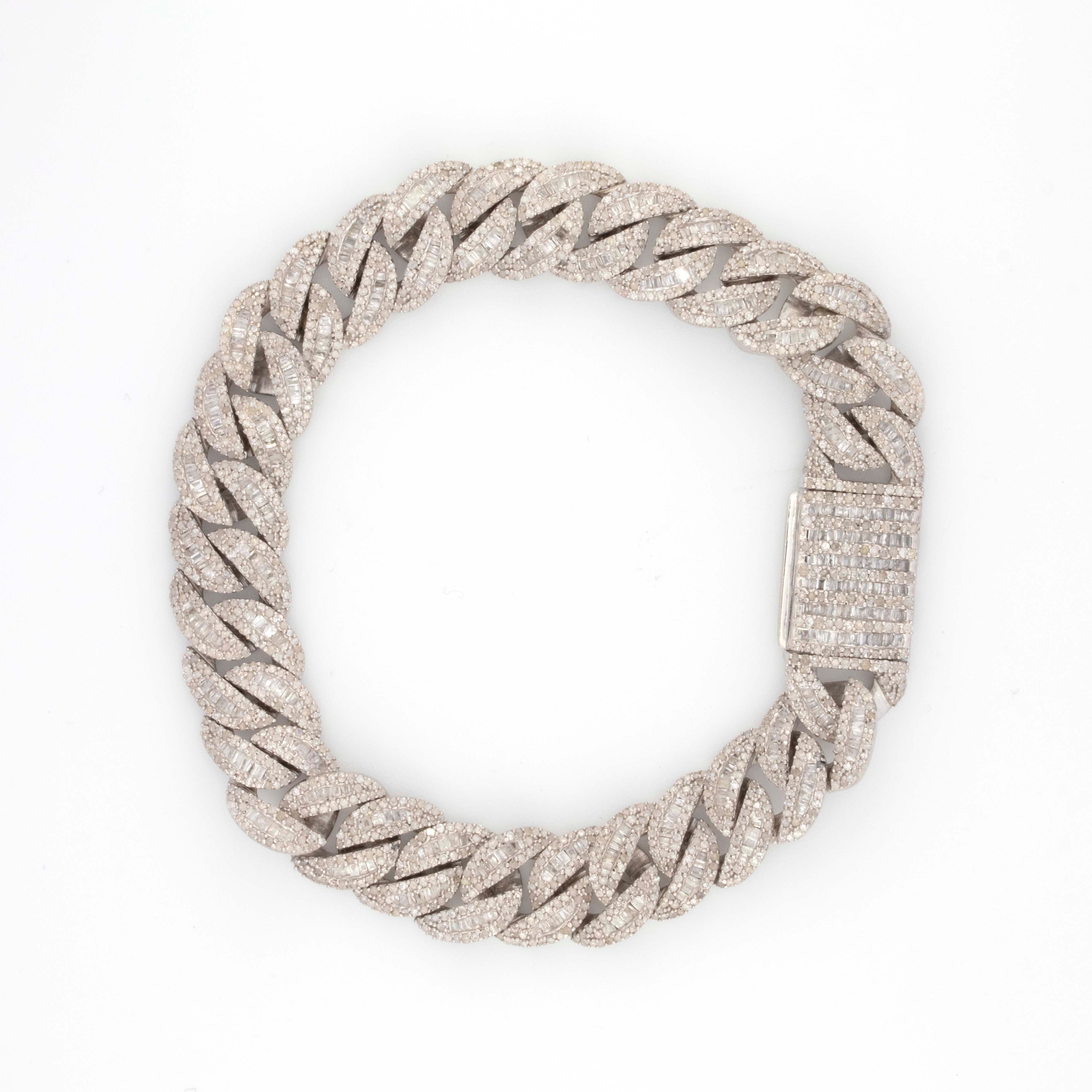 Silver Diamond Baguette Cuban 6.35CT Diamond Bracelet
