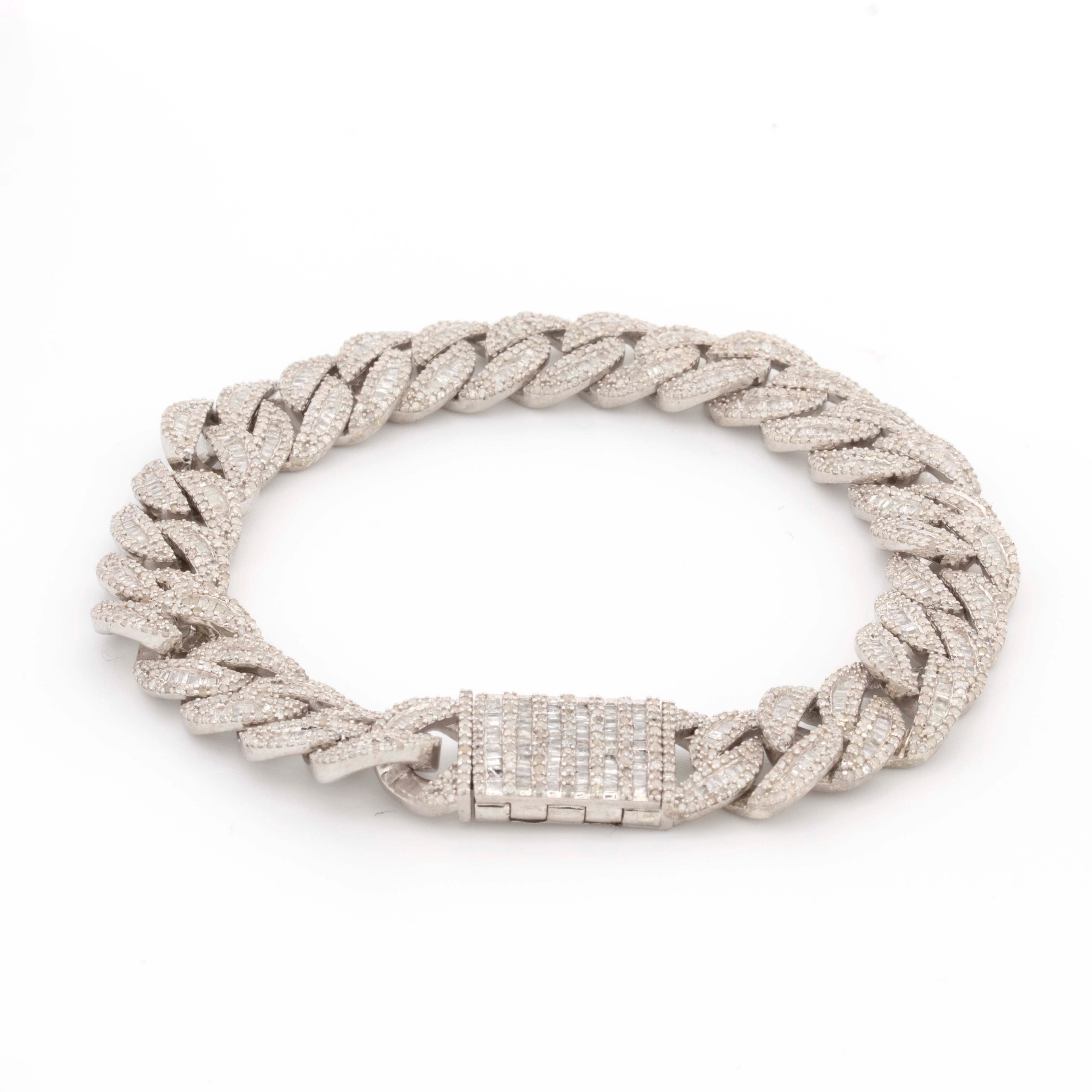 Silver Diamond Baguette Cuban 6.35CT Diamond Bracelet
