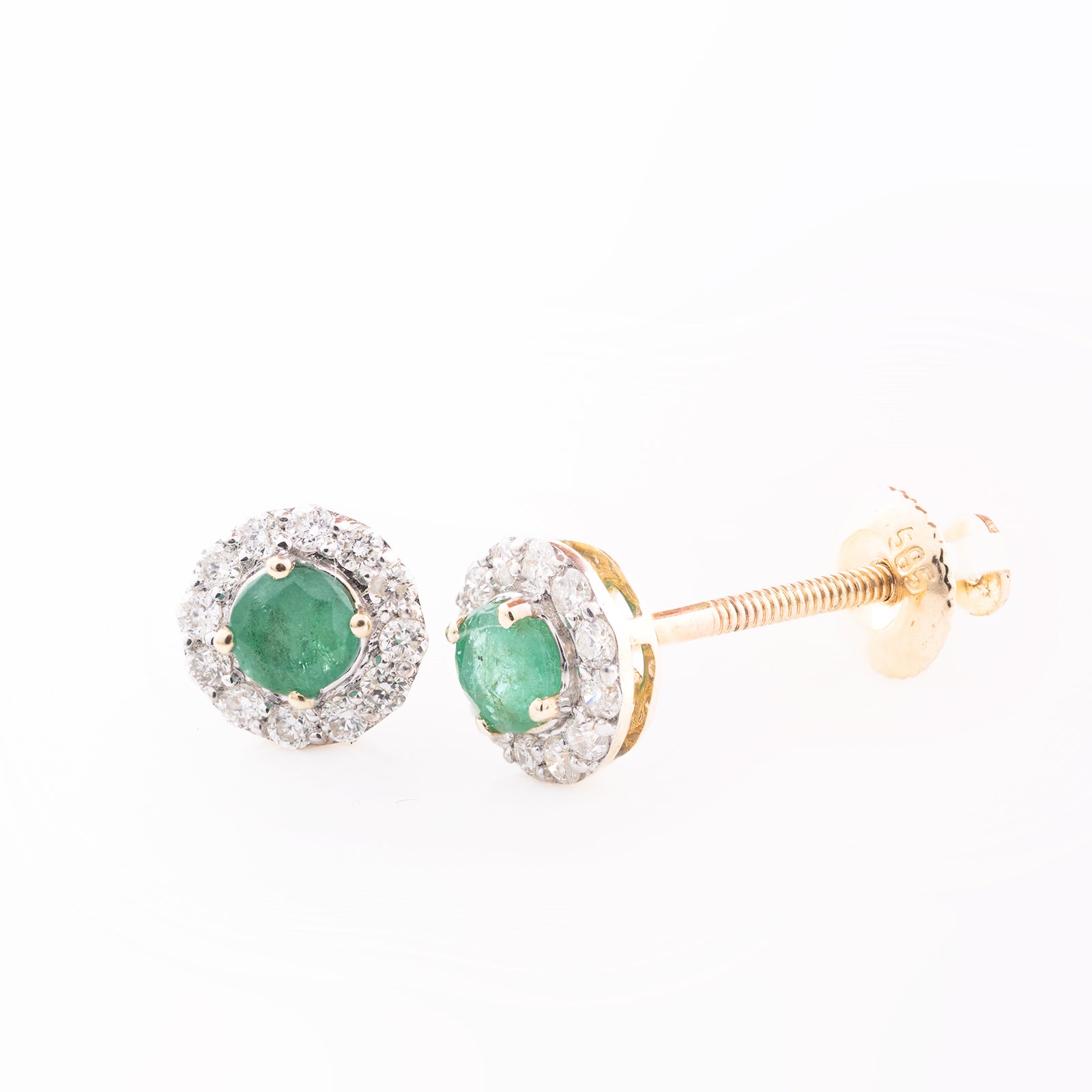 14k Yellow Gold 3mm Emerald and Diamond Halo Stud Earrings