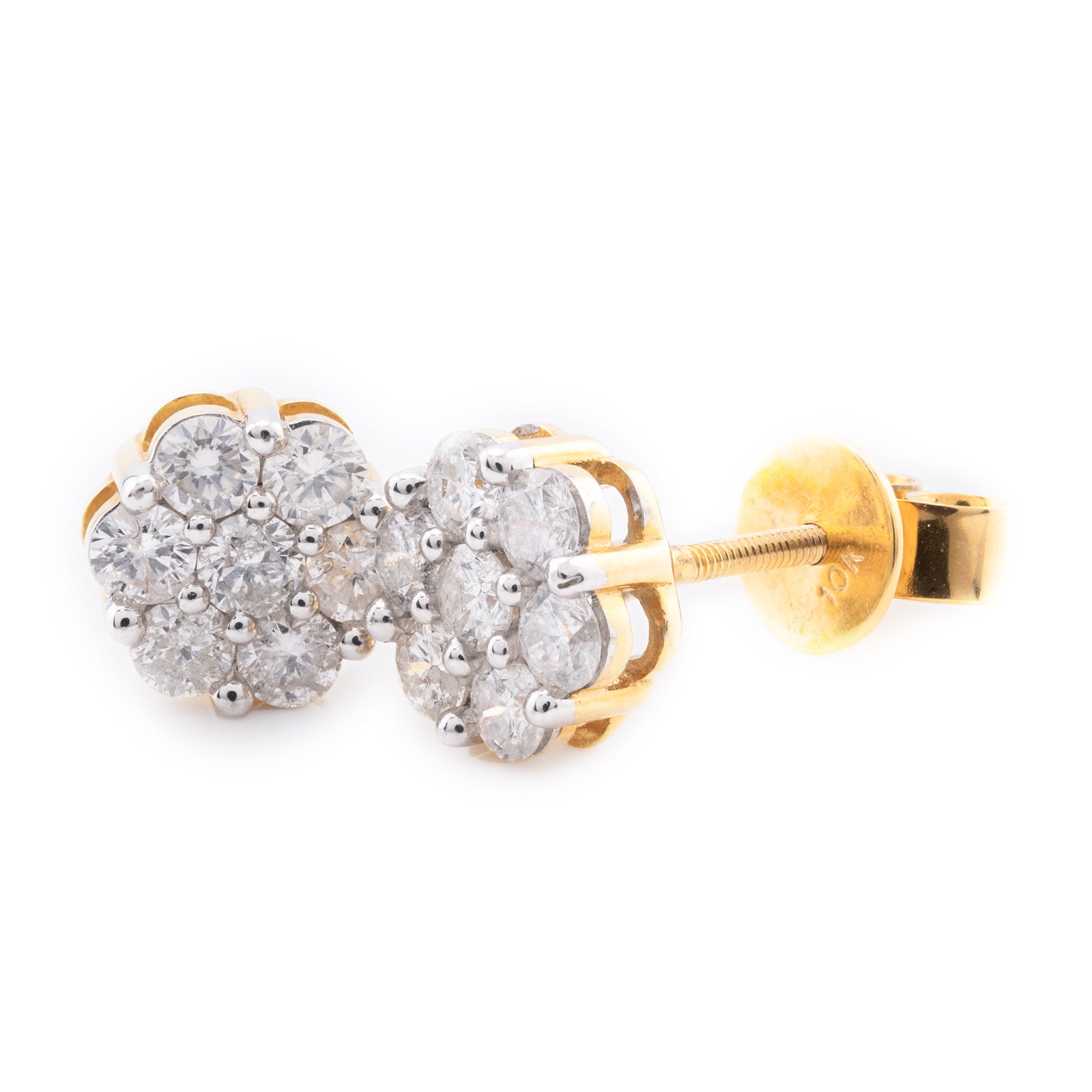 10k Yellow Gold Diamond Cluster Stud Earrings 0.9CTW