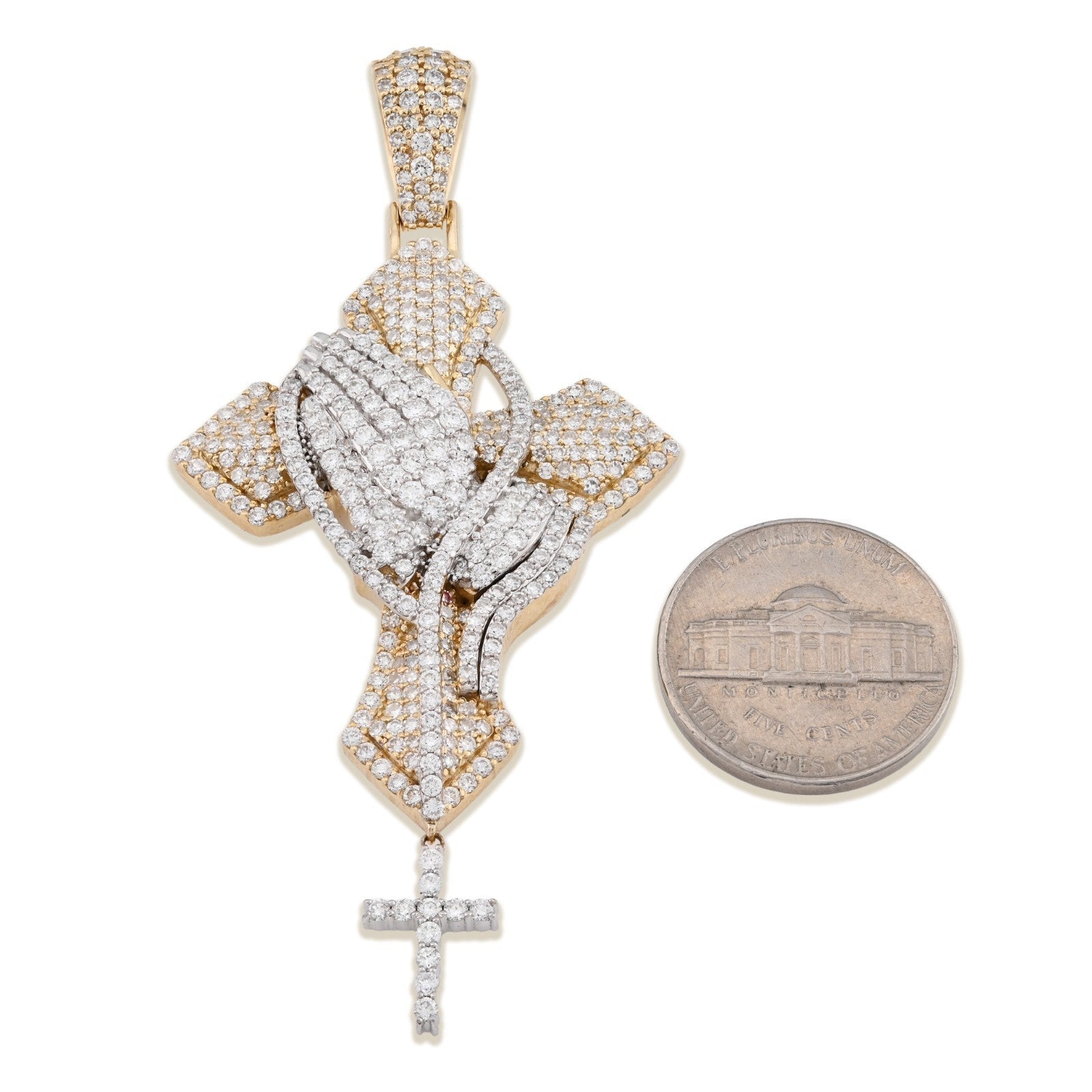 10k 2 - Tone Gold 21.7g 4.8CTW Lab Grown Diamond Praying Hand Cross Dangle Pendant - Elite Jewelers - Charms & Pendants