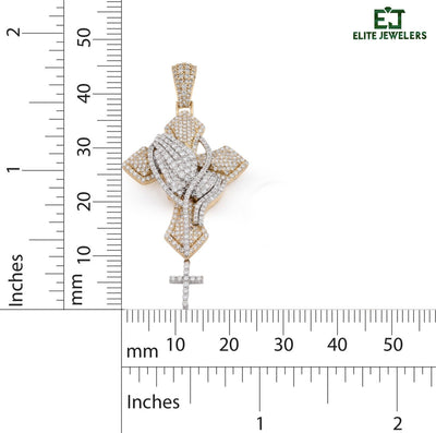 10k 2 - Tone Gold 21.7g 4.8CTW Lab Grown Diamond Praying Hand Cross Dangle Pendant - Elite Jewelers - Charms & Pendants